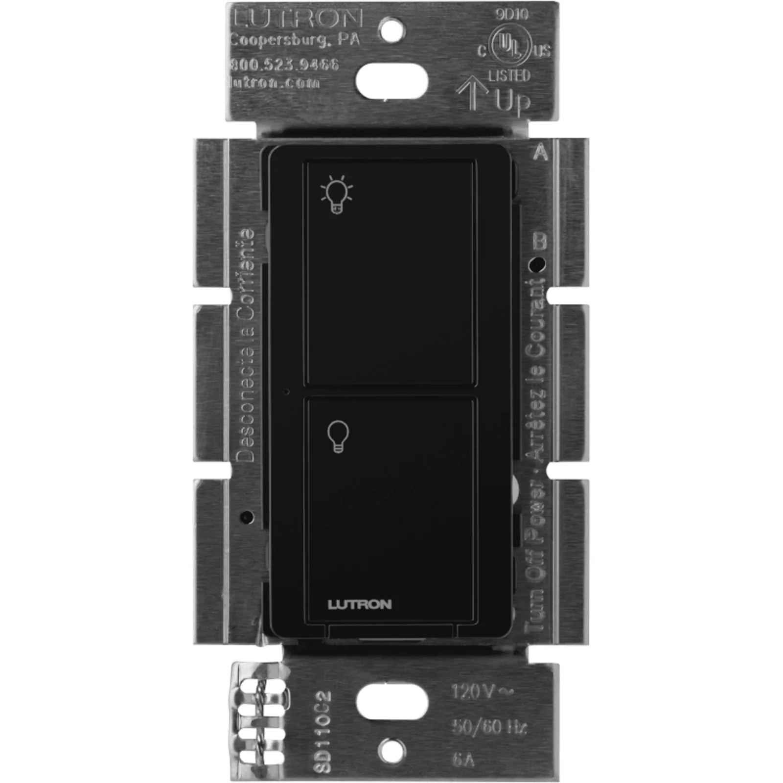 Interruptor de pared inalámbrico on/off de 2 botones, 5 A para LED/CFL, voltaje dual 120/277 V sin cable neutro, compatible con control Pico y sensores Radio Powr Savr