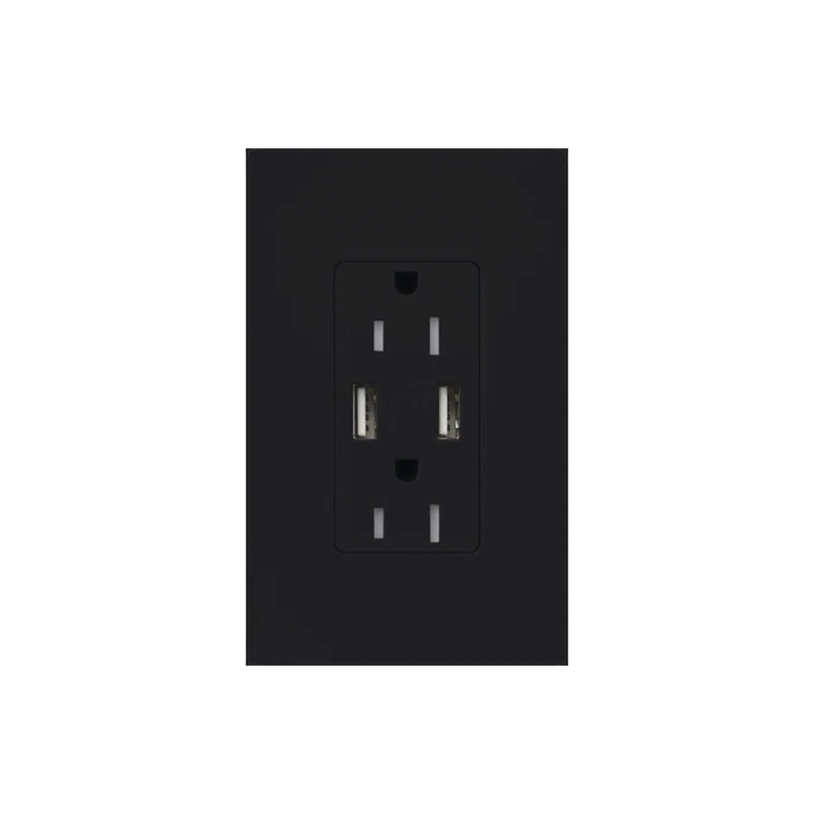 Tomacorriente de pared 15 A con dos puertos USB tipo A de 3.8 A para carga de dispositivos, resistente a manipulaciones, línea Satin Colors color Midnight
