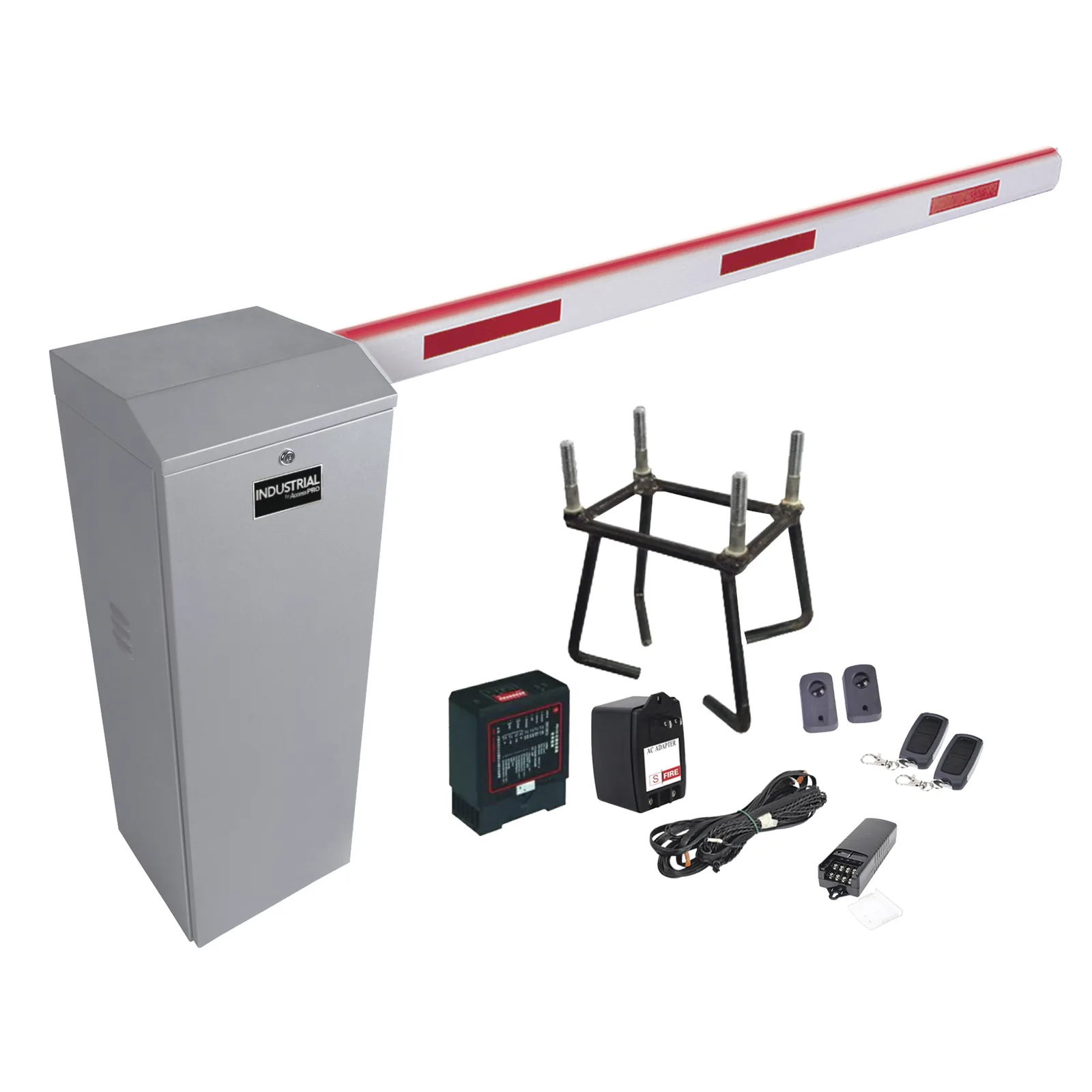 Kit COMPLETO Barrera Derecha XB / Brazo de 5 Metros con Iluminacion LED Rojo-Verde / Incluye Sensor de masa, Transformador, Lazo, Ancla, Fotoceldas 2 Controles Inalámbricos