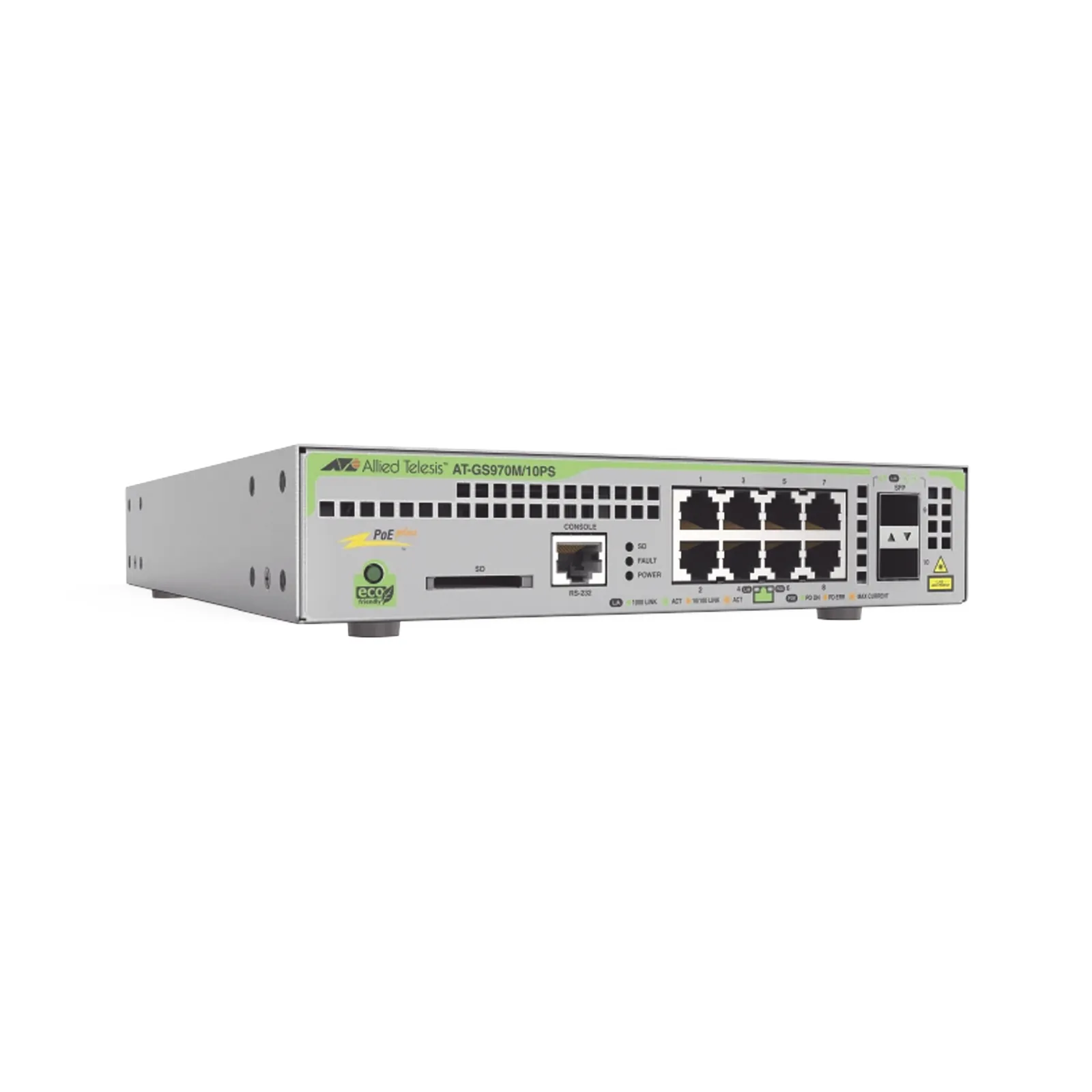 Switch PoE+ Administrable CentreCOM GS970M, Capa 3 de 8 Puertos 10/100/1000 Mbps + 2 SFP Gigabit, 124 W