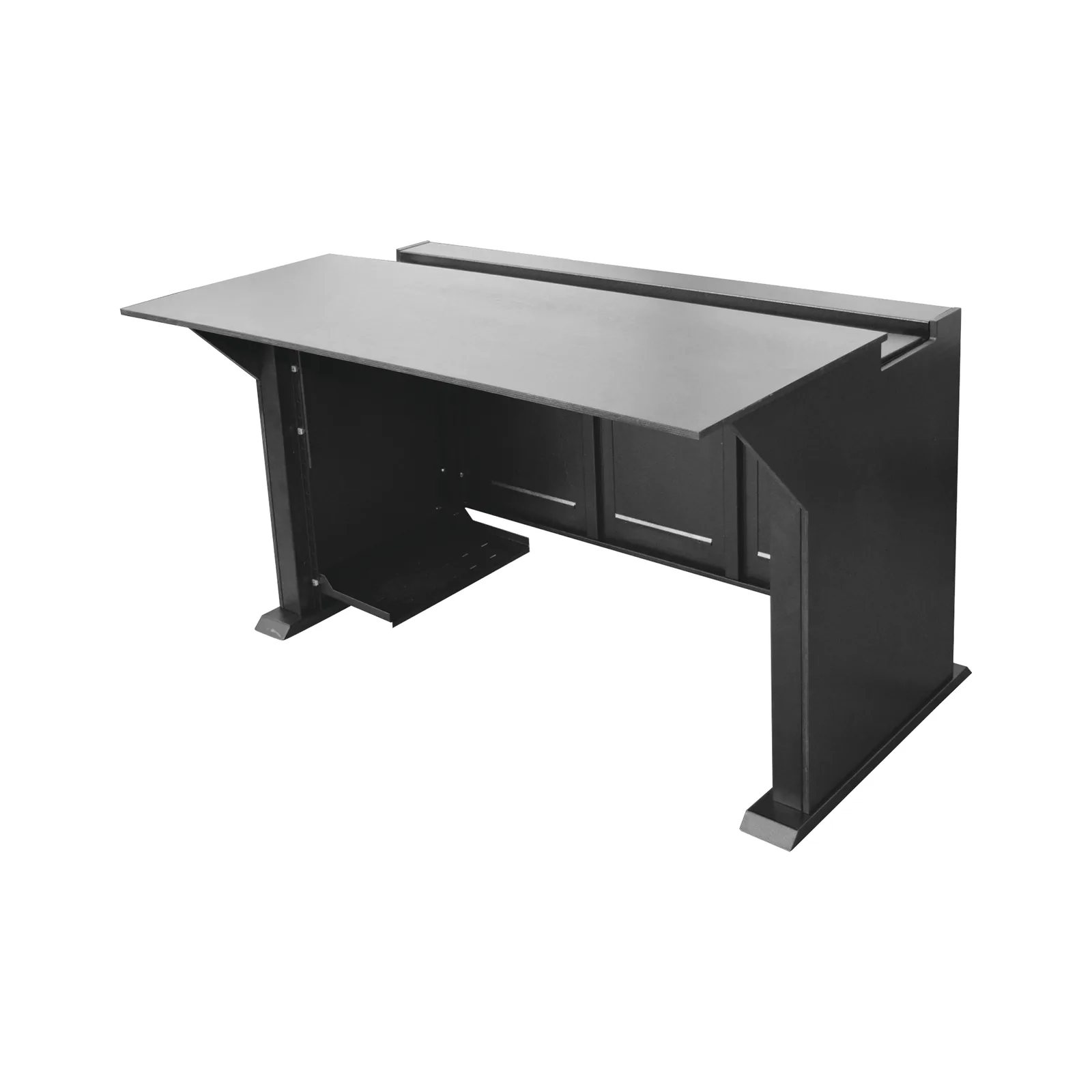 Escritorio Estación Mobiliaria Profesional de Monitoreo y Control / Videovigilancia / Acceso / Alarmas / Etc... / Metal Negro y Madera Tono Oscuro