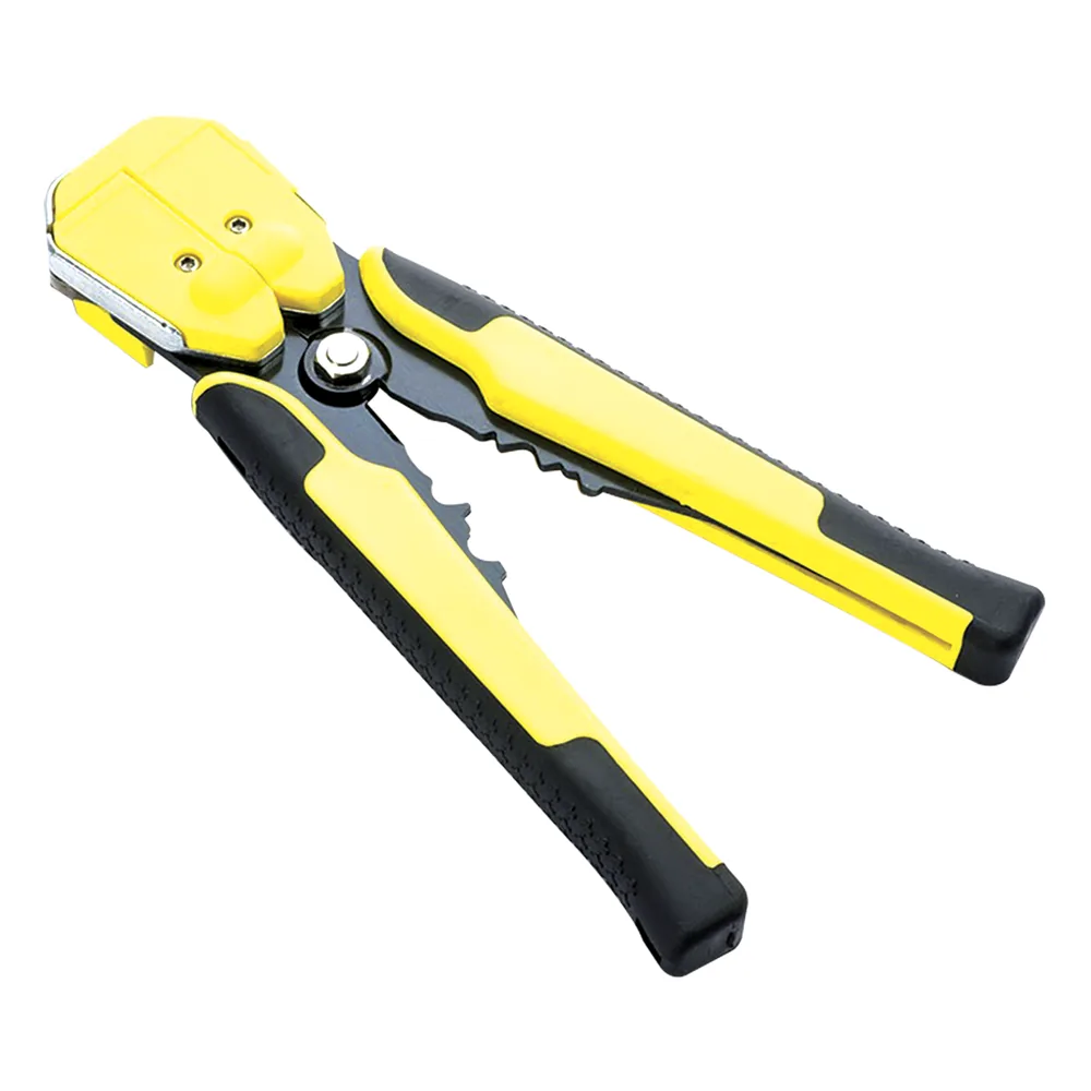 Pinza multifuncional Pelacables, con terminal de pestaña, prensado automático de color amarillo.