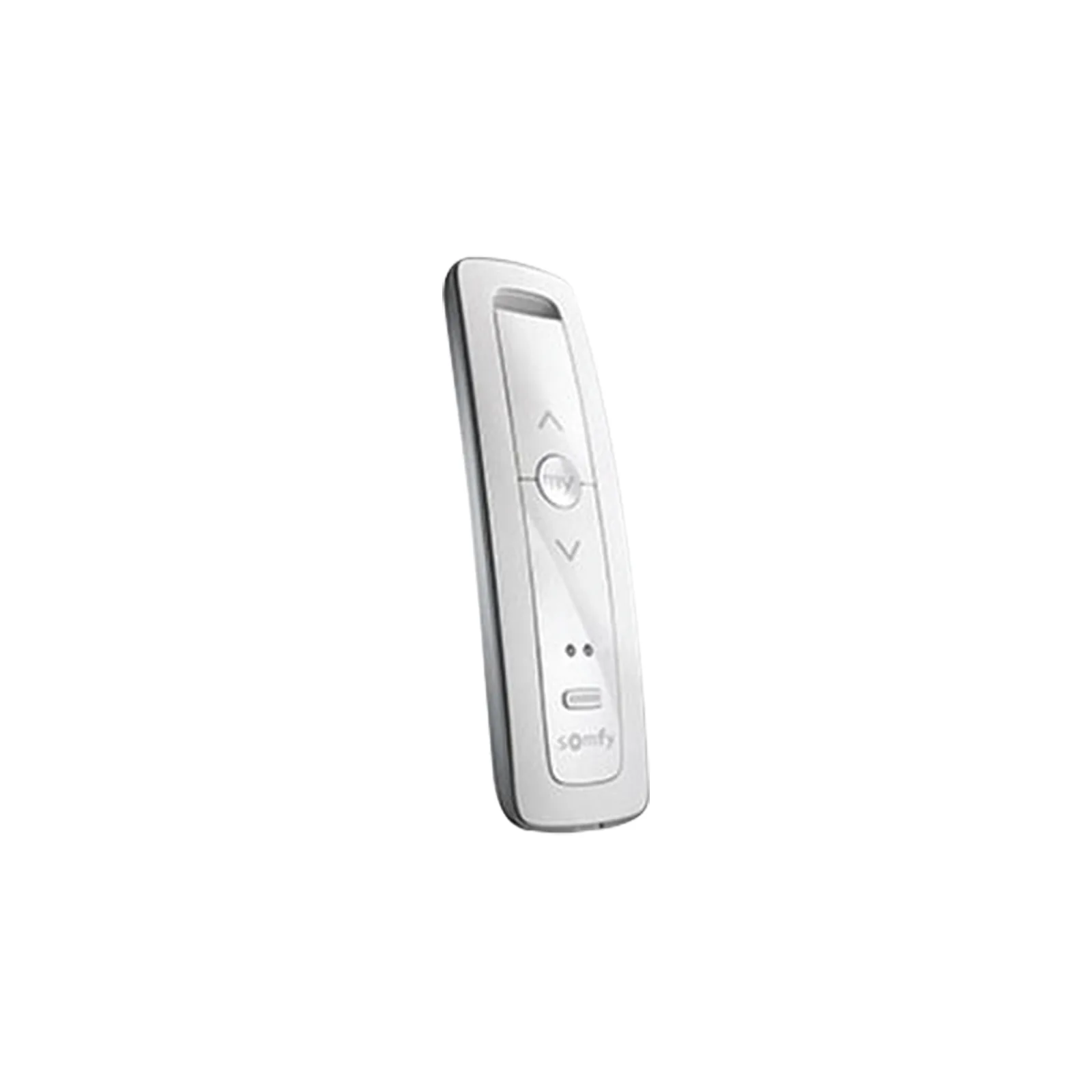 Control remoto 2 canales para motores de persiana Somfy con señal inalámbrica, instrucciones: sube, baja y detener, con posición favorita programada.