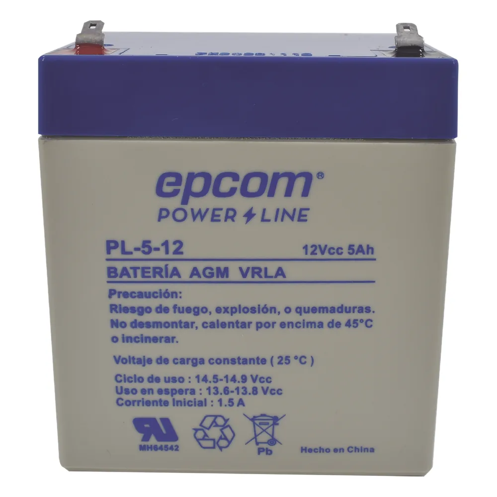 Batería 12 Vcc / 5 Ah / UL / Tecnología AGM-VRLA / Para uso en equipo electrónico Alarmas de intrusión / Incendio/ Control de acceso / Video Vigilancia / Terminales F1 / Cargador recomendado CHR-80.
