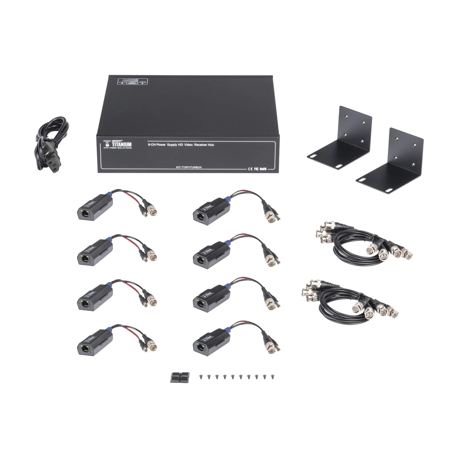 Kit de TRANSCEPTOR ACTIVO DE 8 CANALES / VIDEO+PODER en un solo Cable UTP / 150 metros en 4K, 200 metros en 5 MP/ Envía 36 Vcc y Recibe 12 Vcc / TODO INCLUIDO PARA RACK / Compatible con cámaras HD-TVI/CVI/AHD/CVBS / INSTALACIÓN LIMPIA