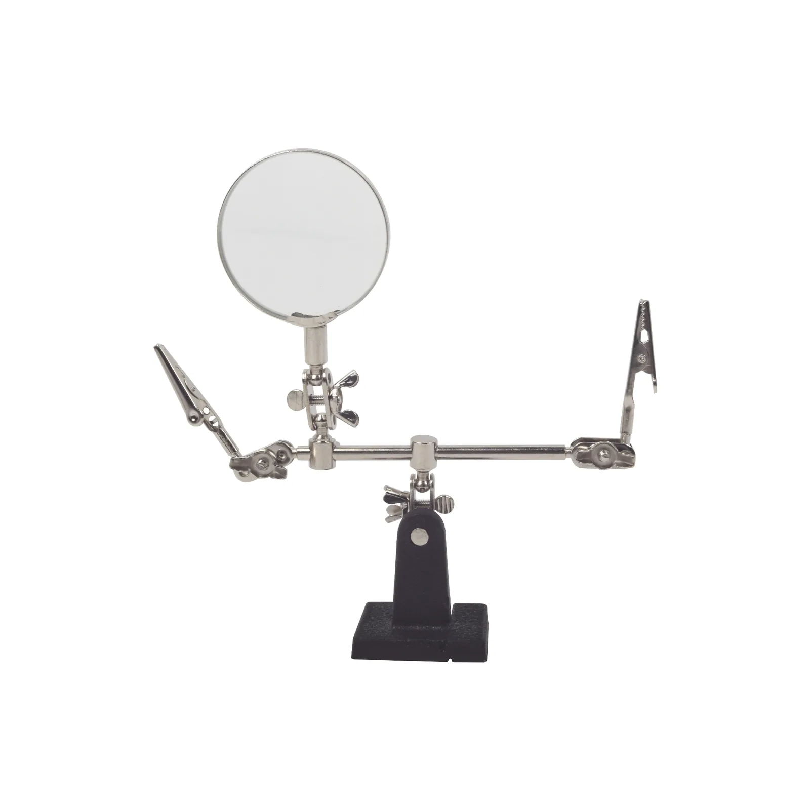 Soporte con lupa y dos brazos con clip. Ideal para trabajos de soldadura.