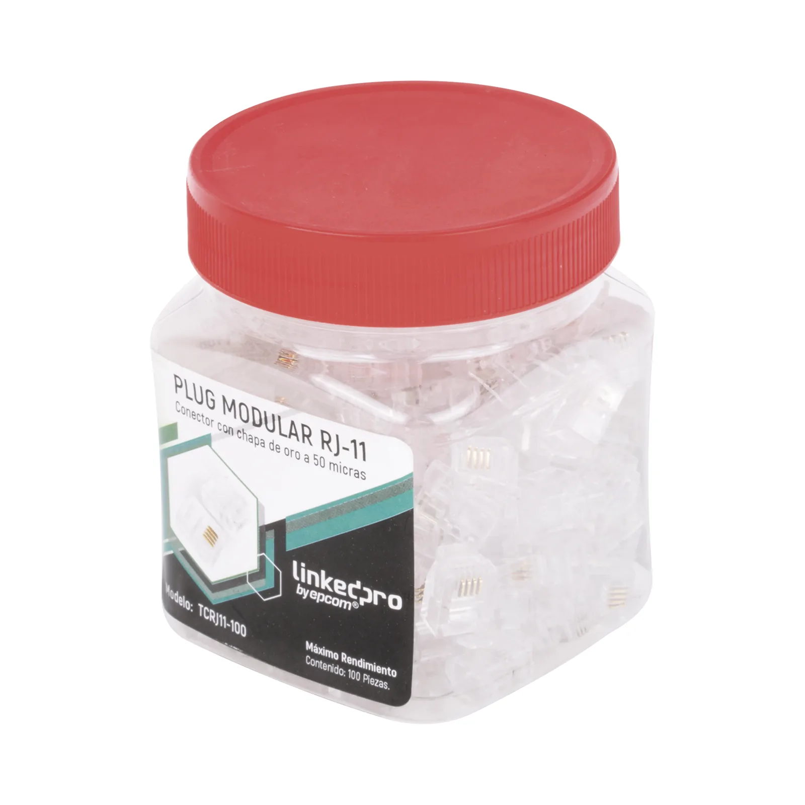 Bote con 100 Piezas de Plug Modular Tipo RJ11 de 4 Contactos Chapado de Oro a 50 Micras