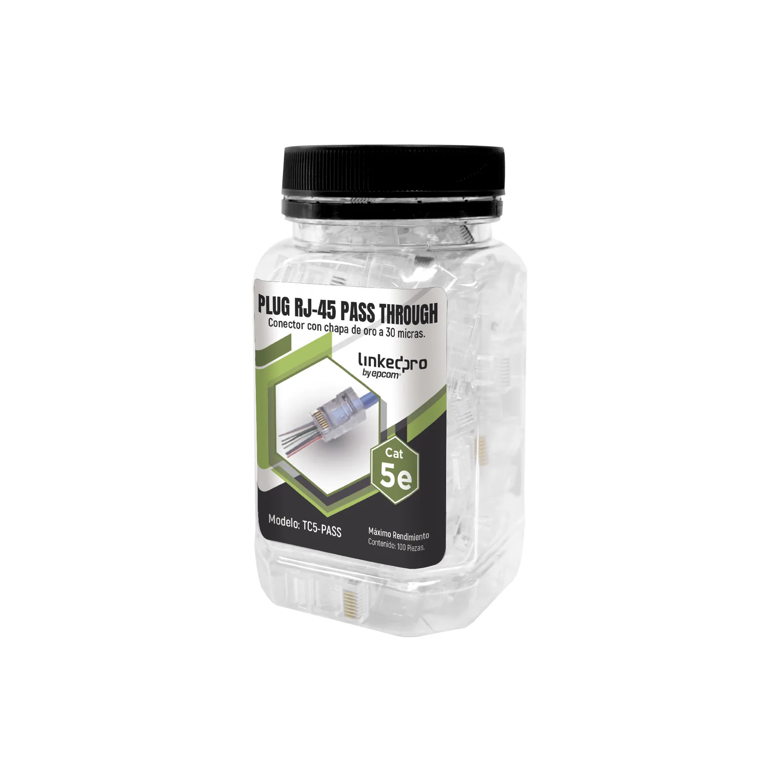 Bote con 100 Plugs Pass Through RJ45 Cat5e sin Blindaje, Chapado de Oro a 30 Micras para Durabilidad Extrema