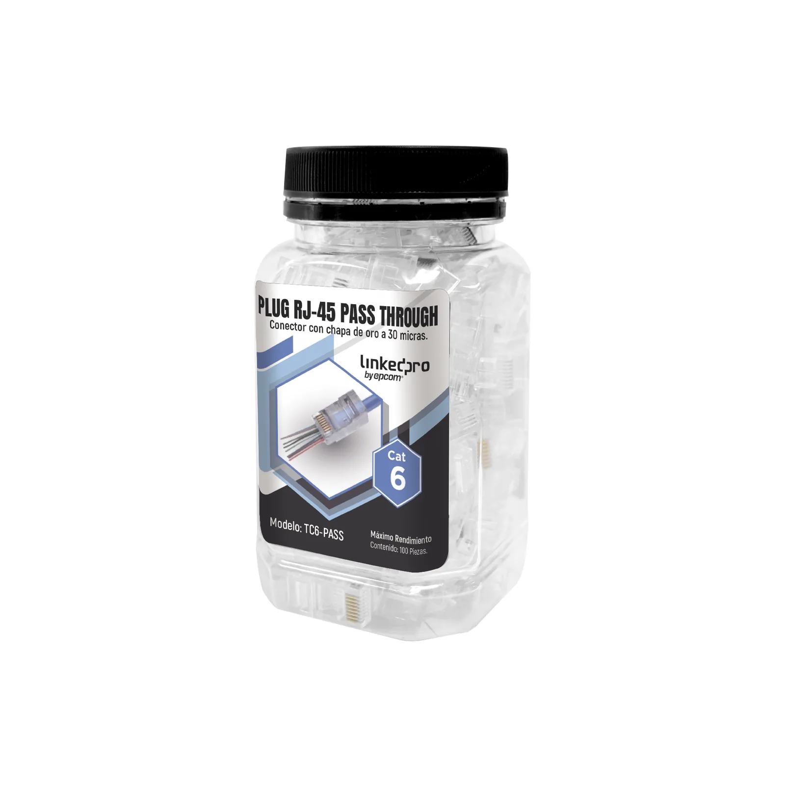 Bote con 100 Plugs Pass Through RJ45 Cat6 sin Blindaje, Chapado de Oro a 30 Micras para Durabilidad Extrema