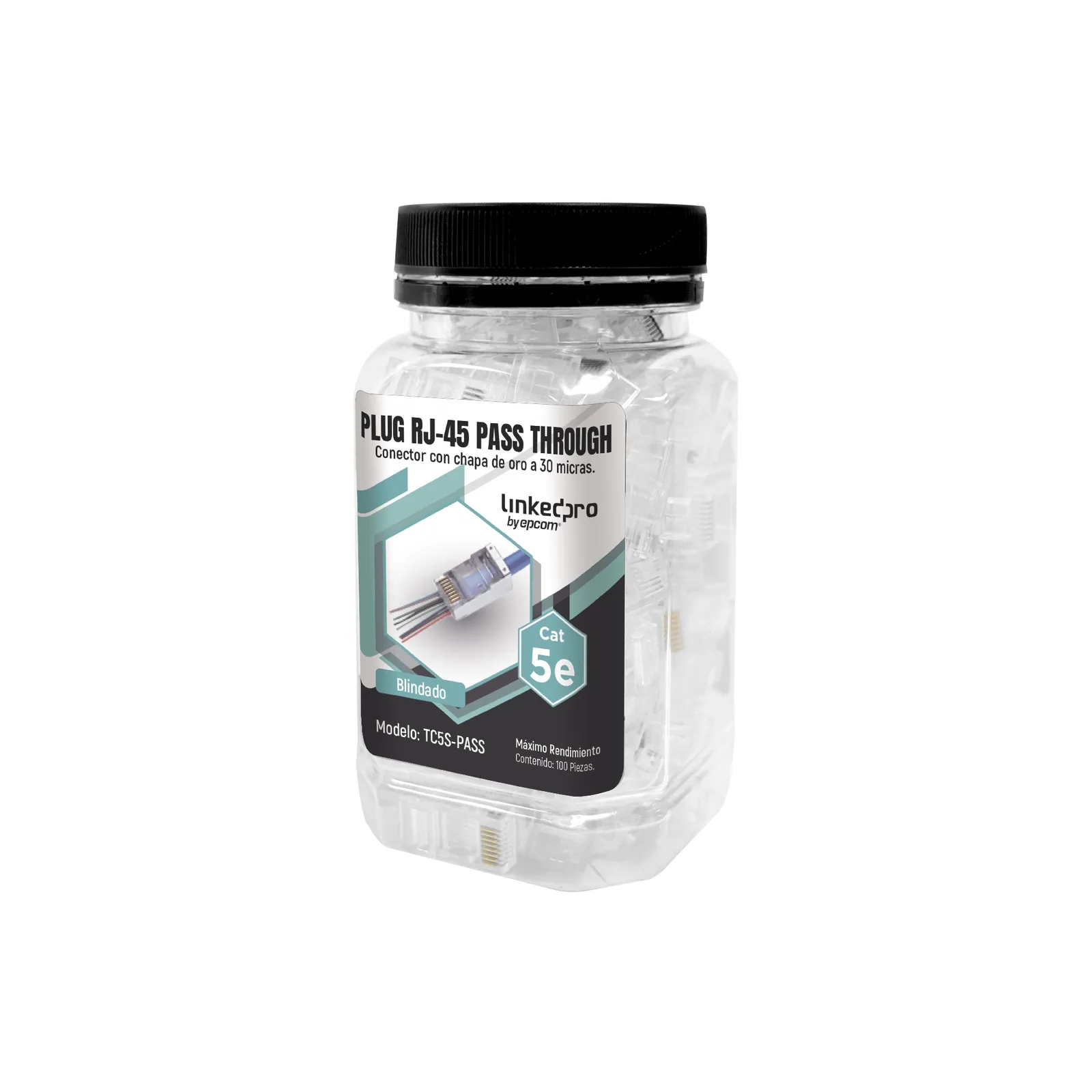 Bote con 100 Plugs Pass Through RJ45 Cat5e Blindado, Chapado de Oro a 30 Micras para Durabilidad Extrema