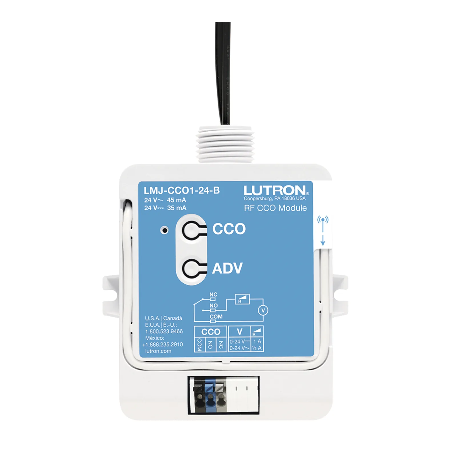 Módulo CCO de RF con salida de contacto seco NO/NC, 24 V, tipo mantenido o momentáneo, para integrar RadioRA 2, RadioRA 3 y HomeWorks QS con sistemas de terceros