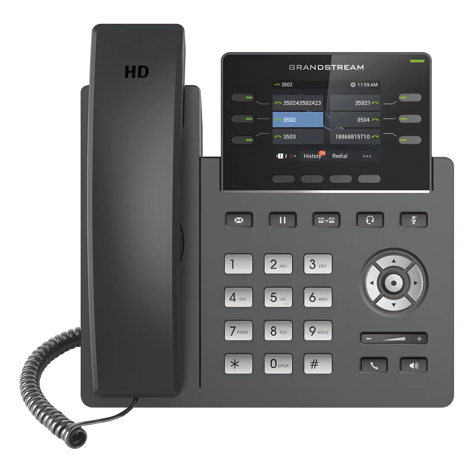 Teléfono IP Grado Operador, 3 líneas SIP con 6 cuentas, puertos Gigabit,PoE, pantalla a color 2.4", codec Opus, IPV4/IPV6 con gestión en la nube GDMS