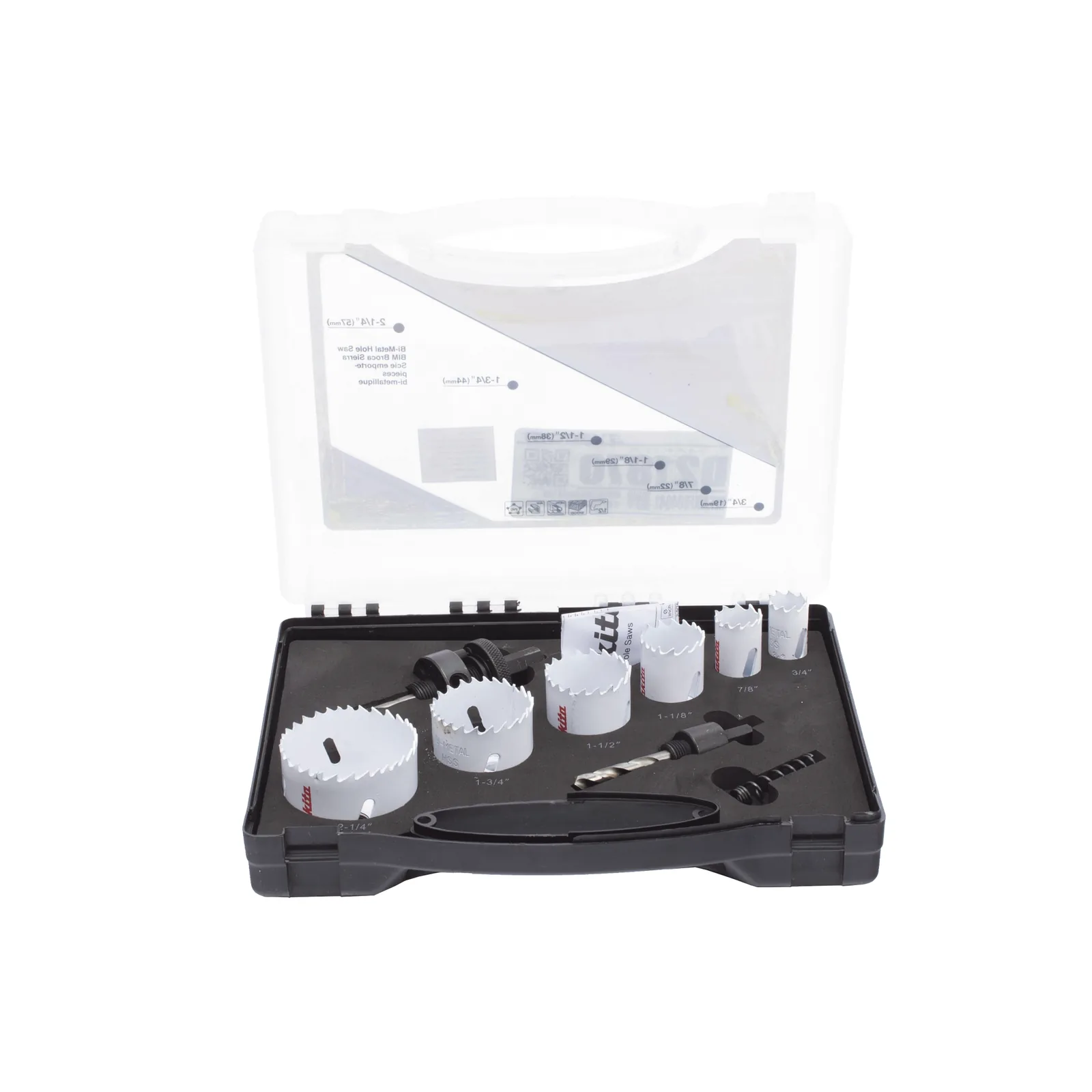 Kit de broca sierras (3/4 - 2 1/4 in) incluye 6 piezas de broca sierras, 2 adaptadores y resorte de expulsión.