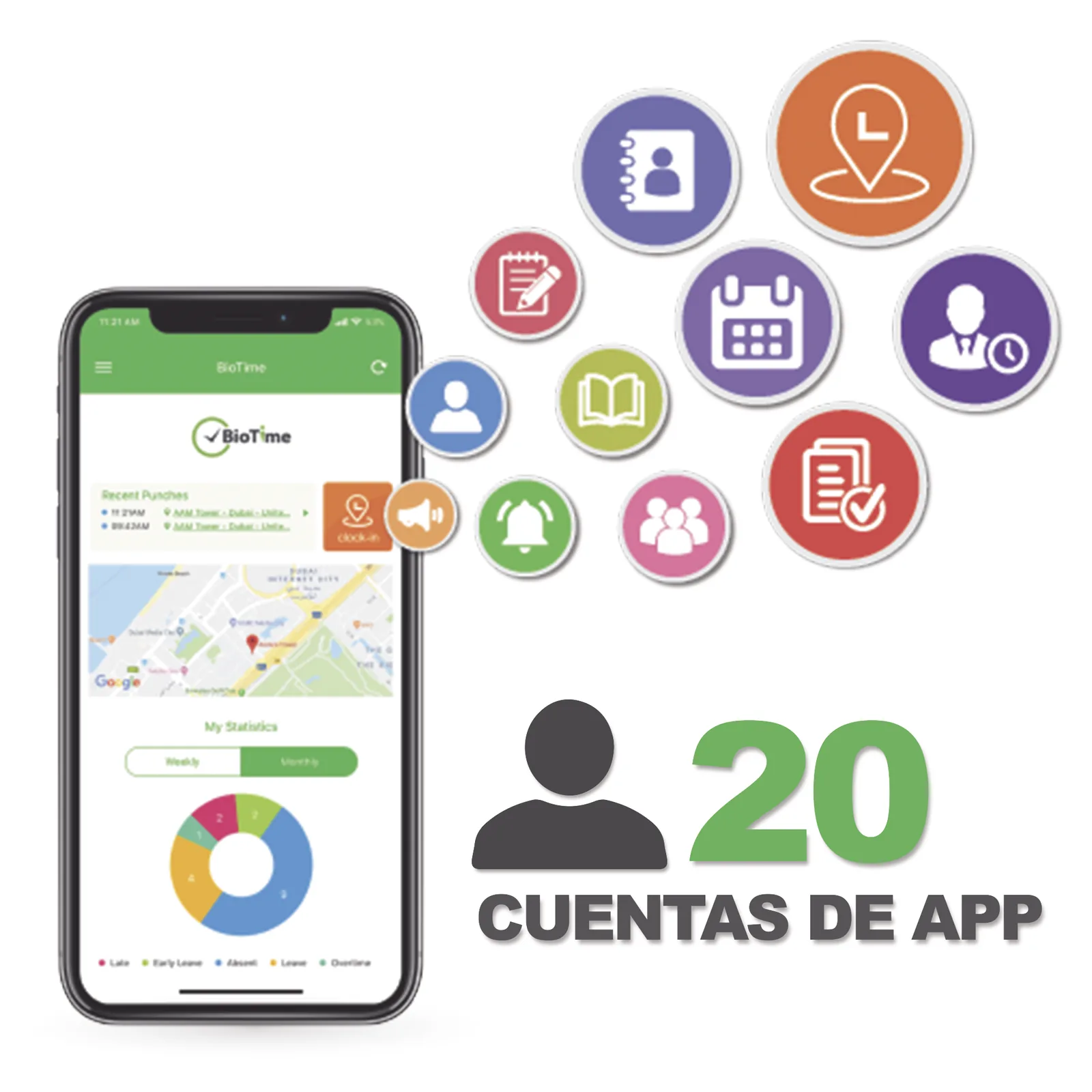 Licencia para realizar checadas de asistencia desde Smartphone (APP) con envío de fotografía y ubicación por GPS / Compatible con BIOTIMEPRO / Licencia para 20 usuarios