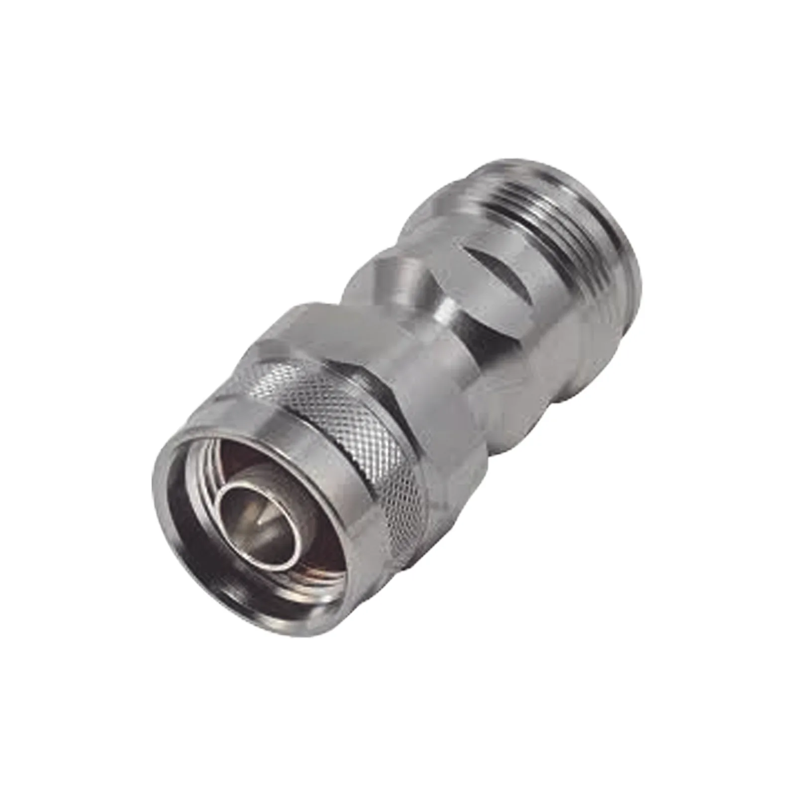 Adaptador en Línea de Conector 4.3-10 Hembra a N Macho, Bronce Blanco/ Plata/ Teflón.