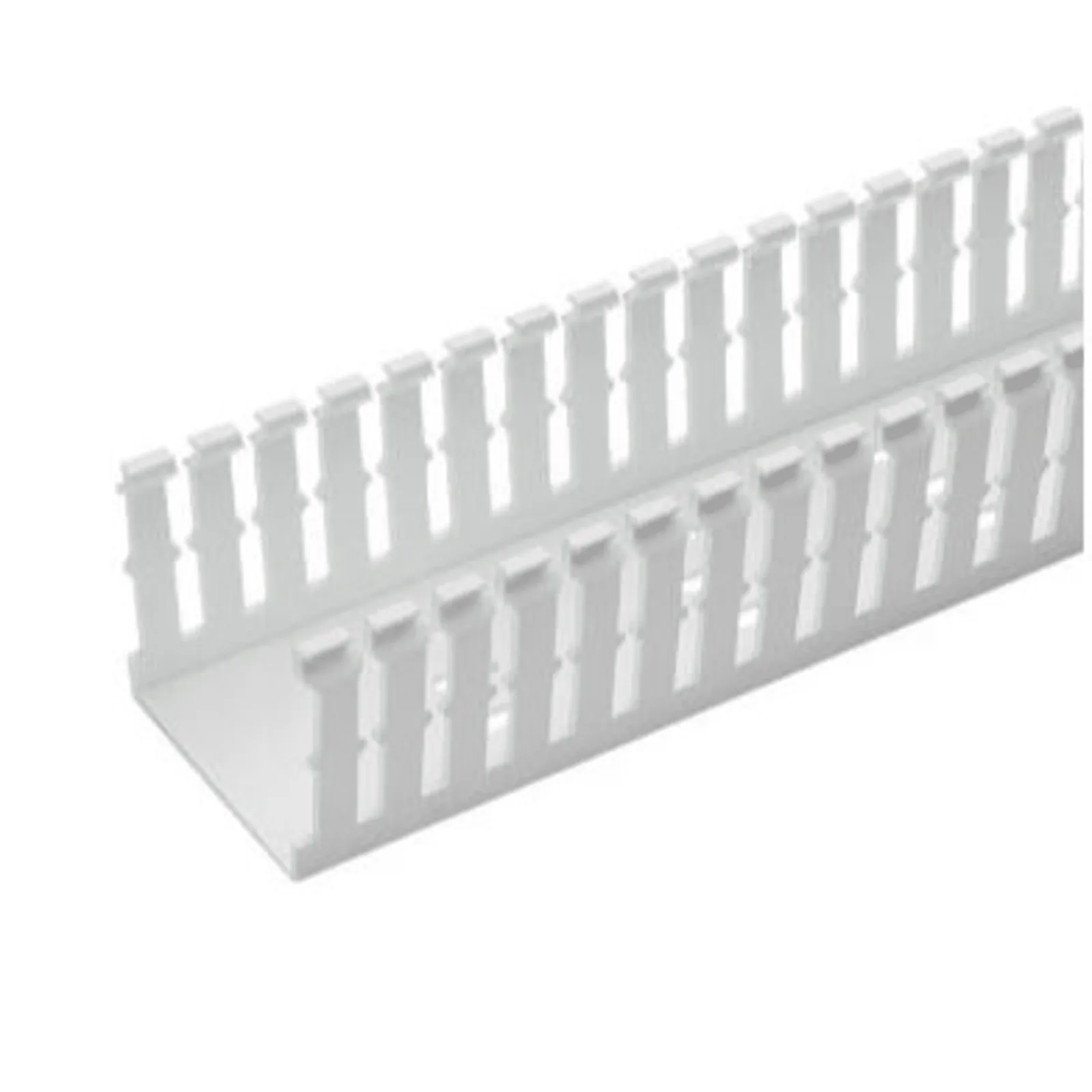Canaleta Ranurada de PVC Sin Tapa, Tipo F, 57.2 mm de Ancho, 104.1 mm de Alto y 1.8 m de Largo, Color Blanco