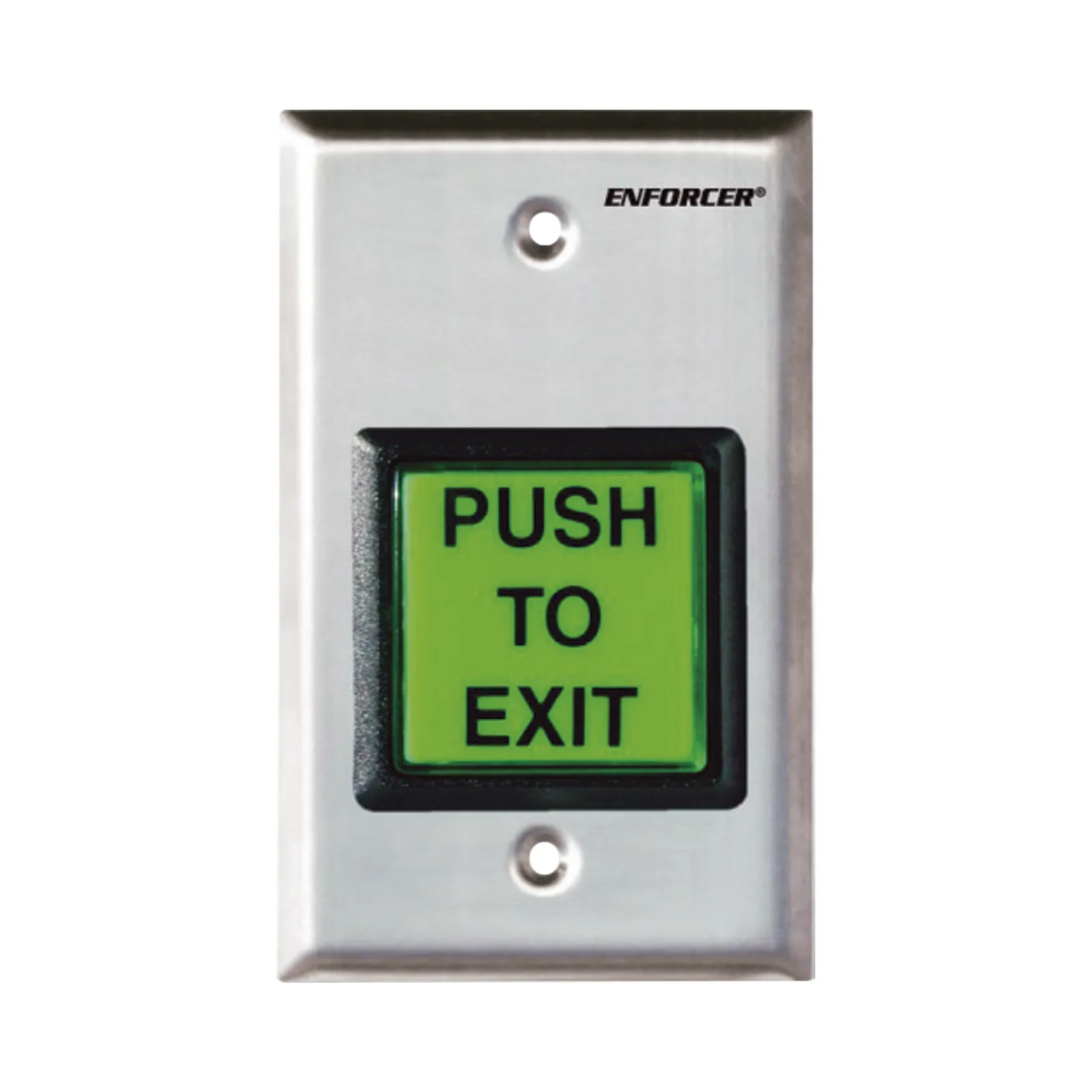 Botón de Salida / Con Iluminación / Con Placa de Pared de Acero Inoxidable / IP65 / Voltaje 12 / 24 Vcd / Mensaje de Idioma Intercambiable / 3 Placas de Idioma Incluidas
