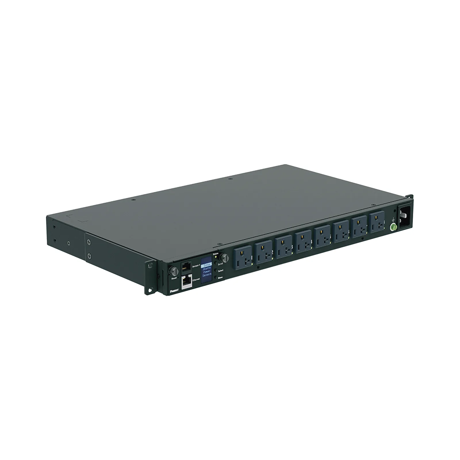 PDU Switchable y Monitoreable por Toma (MS) para Distribución de Energía, Enchufe de Entrada NEMA 5-15P, Con 8 Salidas 5-20R, Horizontal 19in, 120 Vca, 15 Amp, 1UR