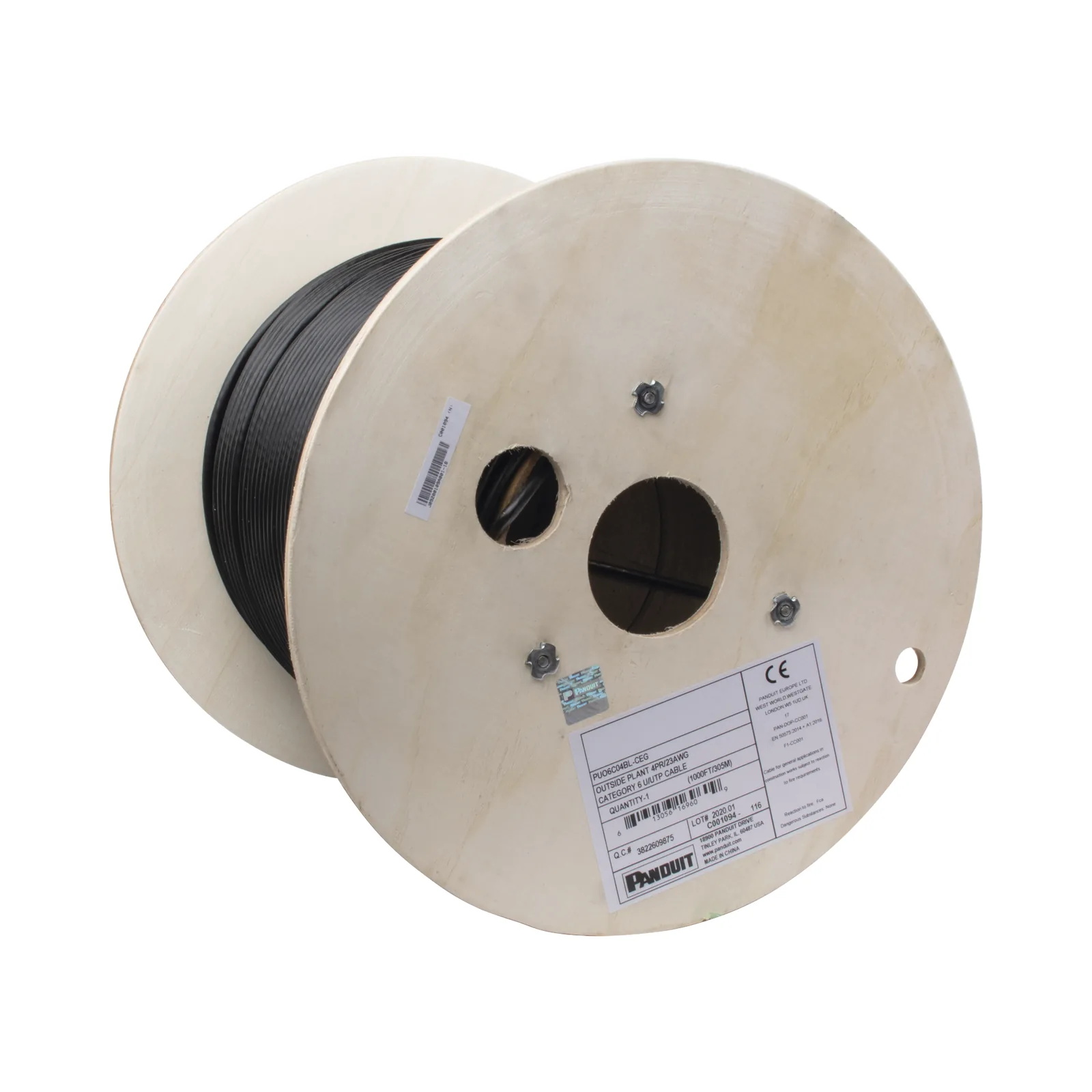 Bobina de Cable UTP de 4 Pares, PanNet, Para Exterior con Gel, Cat6 (23 AWG), Industrial para Climas Extremos, Color Negro, 305 Metros (1000 Pies)