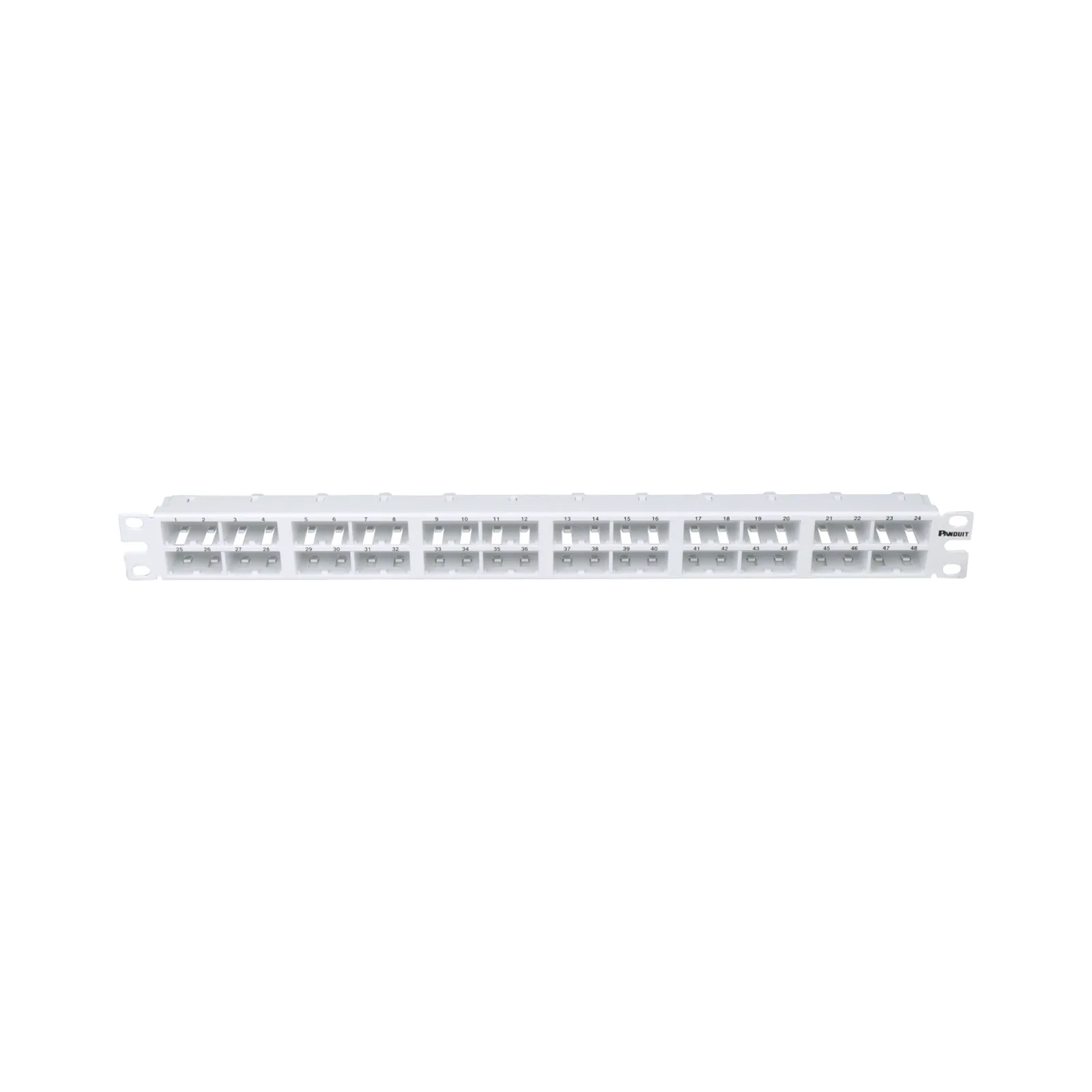 Panel de Parcheo Modular Mini-Com (Sin Conectores), Plano, Sin Blindaje, Alta Densidad, de 48 Puertos, Color Blanco, 1 UR
