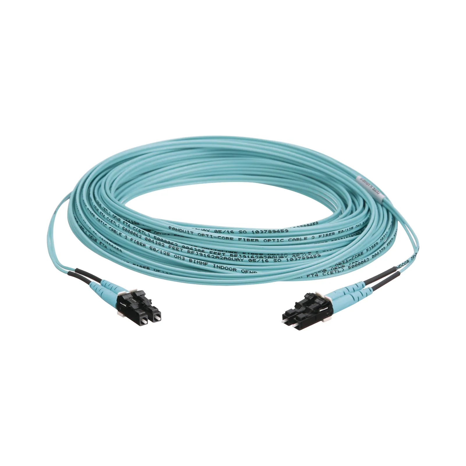 Jumper de Fibra Optica Multimodo 50/125 OM3, LC-LC Duplex, OFNR (Riser), Color Aqua, 10 Metros (32.81 Pies)