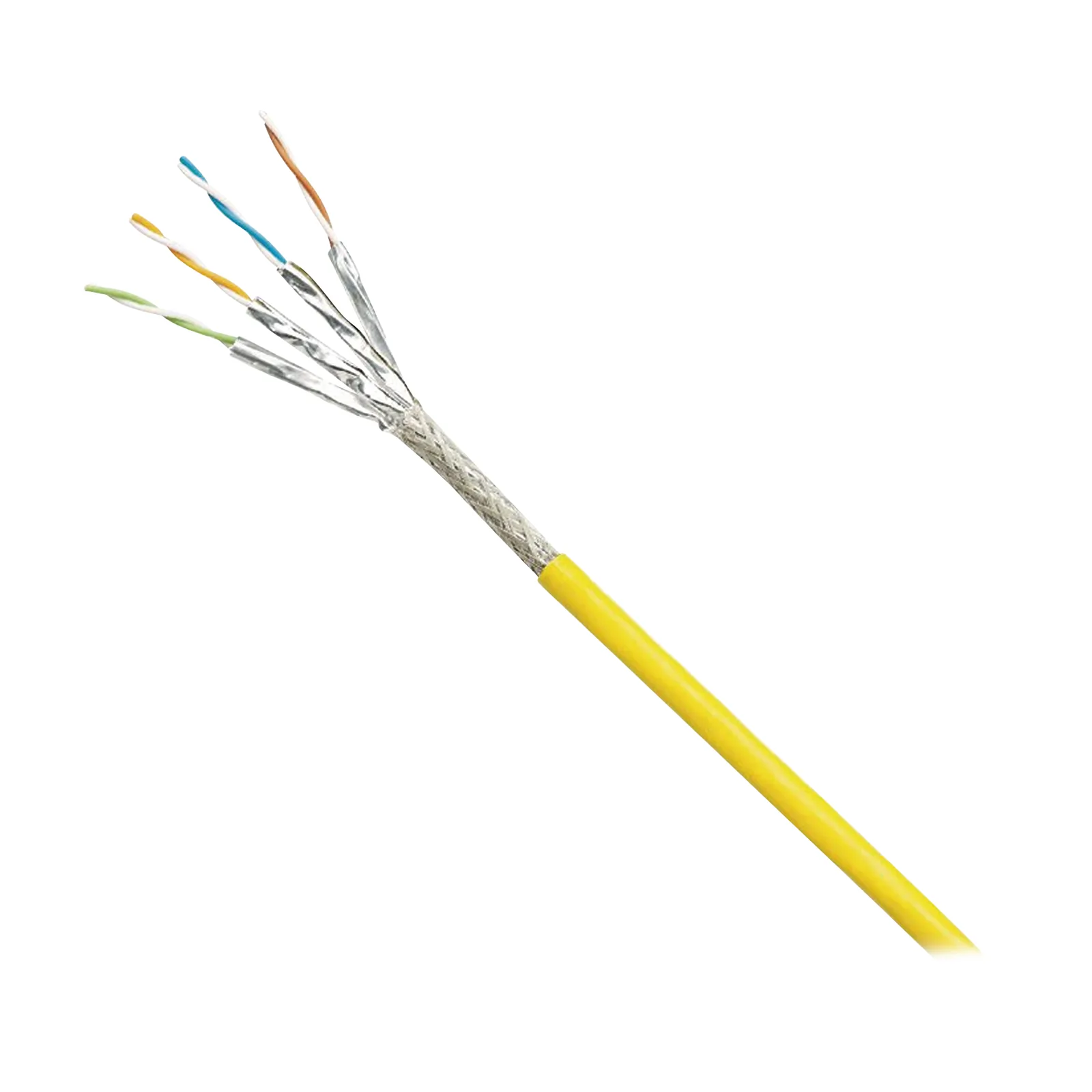 Bobina de Cable Blindado S/FTP Categoría 6A, Uso Industrial con Resistencia al Aceite, Rayos UV y Abrasión, Multifilar (Flexible), Color Amarillo, Bobina de 500 Metros (1640 Pies)