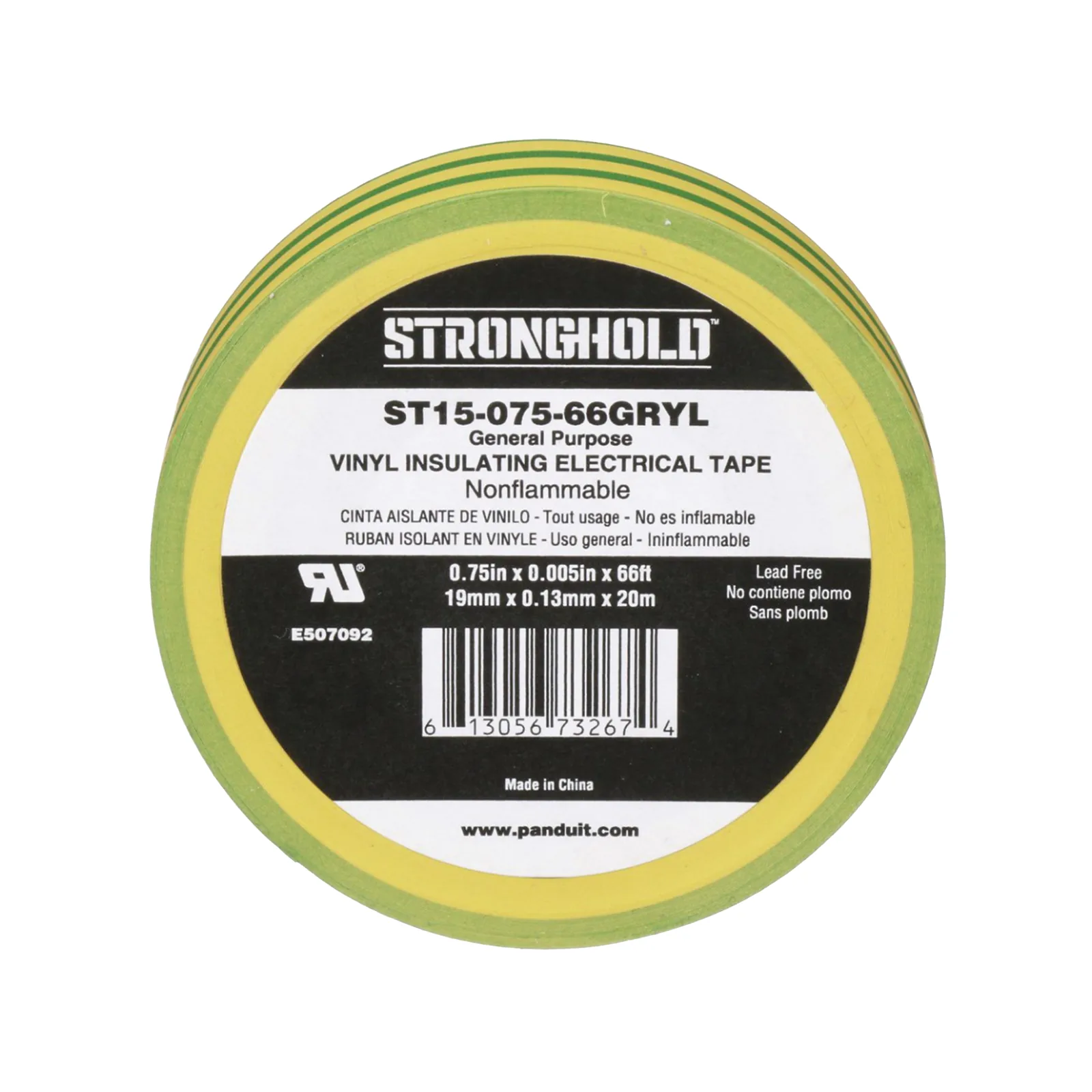 Cinta Eléctrica STRONGHOLD para Aislar, de PVC, Uso Construcción General en Tierras Físicas, Grosor de 0.13 mm (5 mil), Ancho de 19.05 mm, y 20.12 m de Largo, Color Amarillo/Verde.