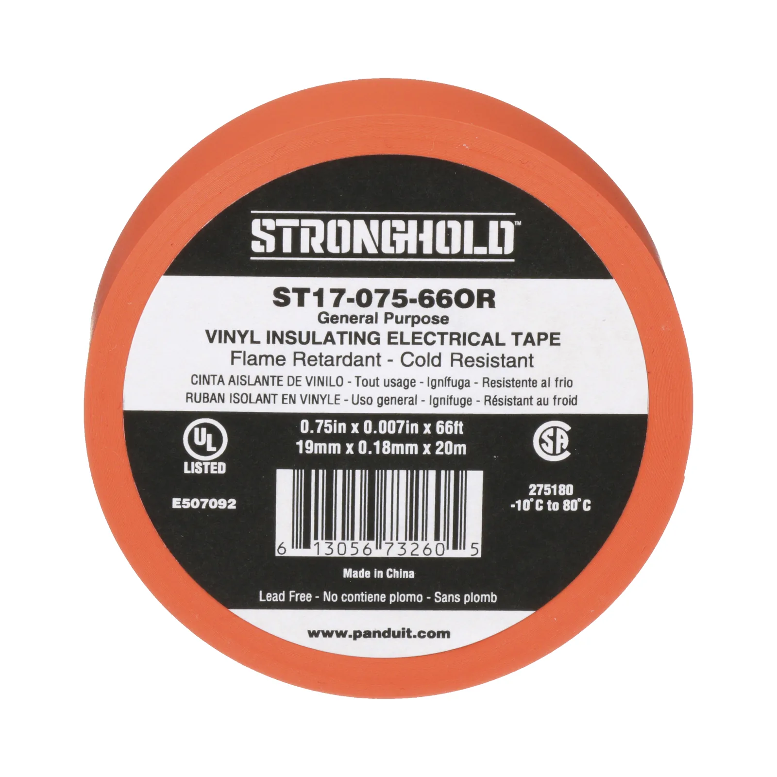 Cinta Eléctrica STRONGHOLD para Aislar, de PVC, Uso General Reparación y Mantenimiento, Grosor de 0.18mm (7 mil), Ancho de 19mm, y 20.12m de Largo, Color Naranja