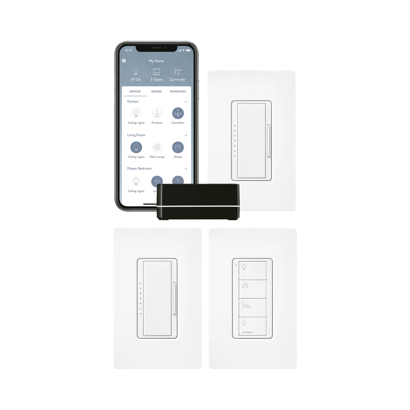 Kit de inicio RA2 Select con repetidor principal, 2 atenuadores de pared, control Pico con adaptador de pared y 3 placas de pared, para control inteligente de iluminación