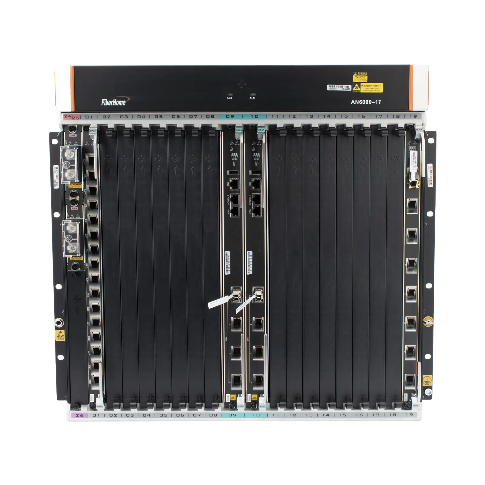 OLT Carrier Class Modular GPON, 16 Ranuras de Servicio, Incluye 1 Tarjeta de Servicio, crecimiento hasta 256 puertos GPON o 128 XGPON, Gestión por UNM2000, CLI, (Incluye Instalación de Software UNM2000)