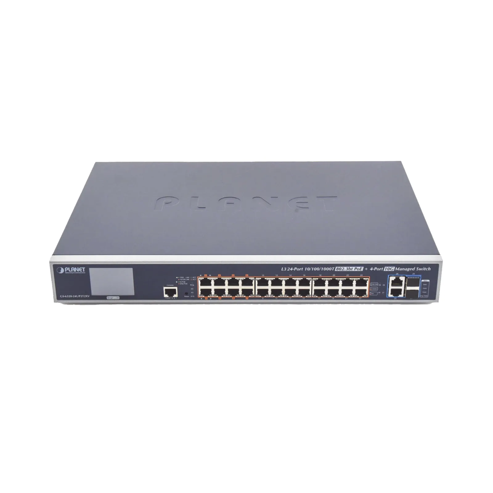 Switch Administrable L3, 24 puertos Gigabit PoE 802.3bt, 2 puertos 10G SFP+, Pantalla Tactil, Fuente Redundante, (600W)