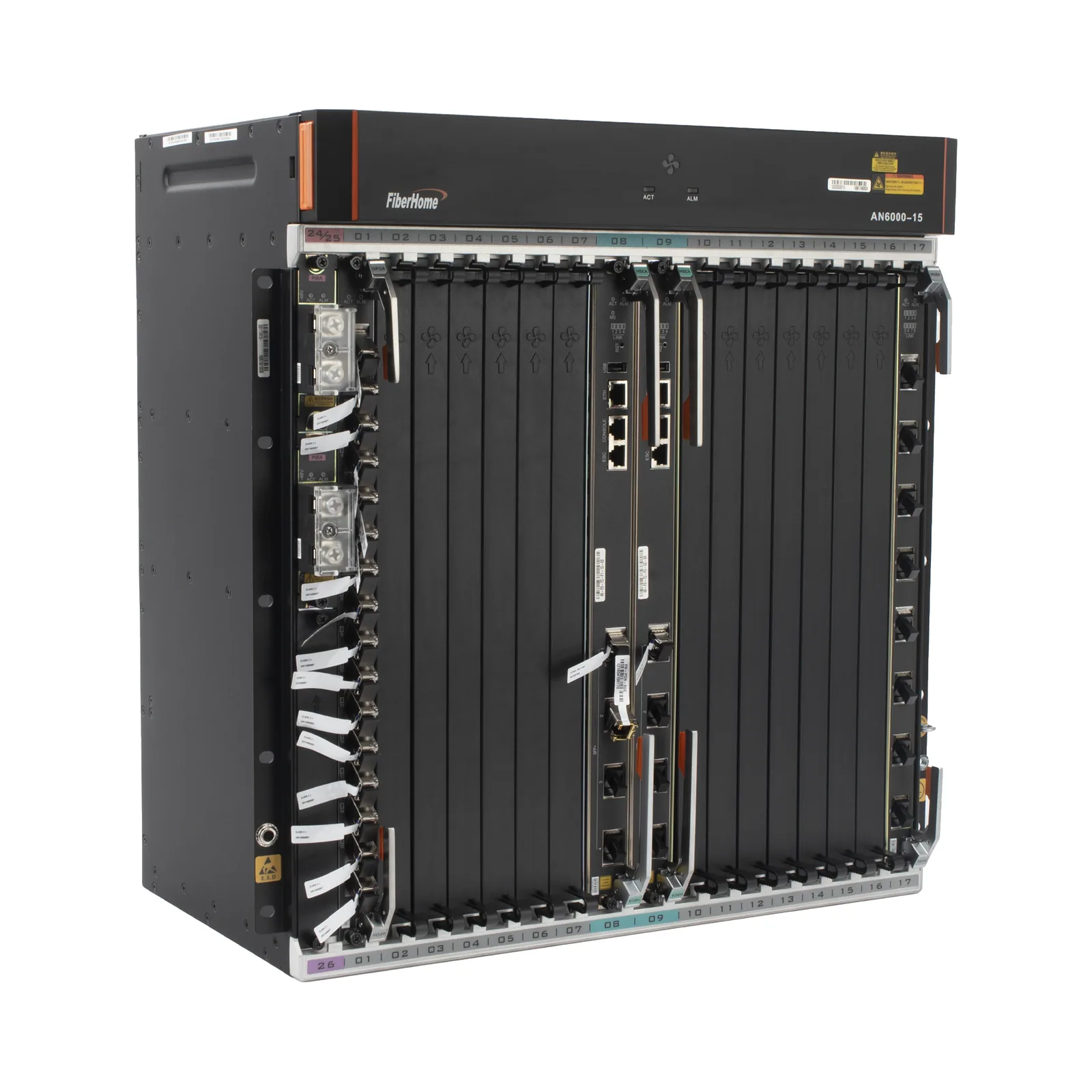 OLT Carrier Class Modular GPON, 14 Ranuras de Servicio, Incluye 1 Tarjeta de Servicio, Doble fuente -48Vcc, 11 UR, Gestión por UNM2000, CLI, Incluye Instalación de software UNM2000, (Interoperabilidad con ONUs de Terceros sin Costo)