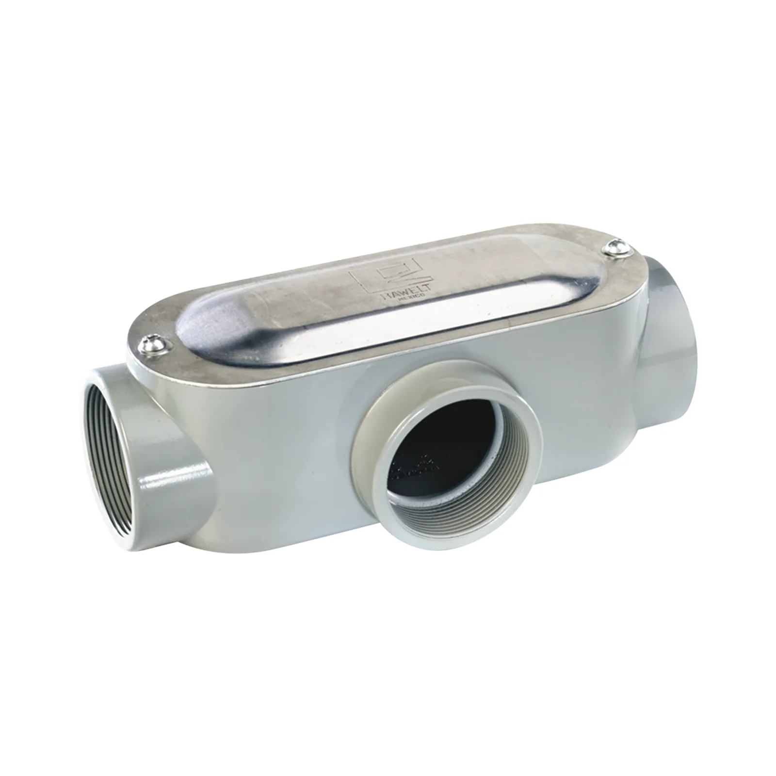 Caja oval roscada tipo T de 1 1/4" (31.8 mm) incluye tapa y tornillos.