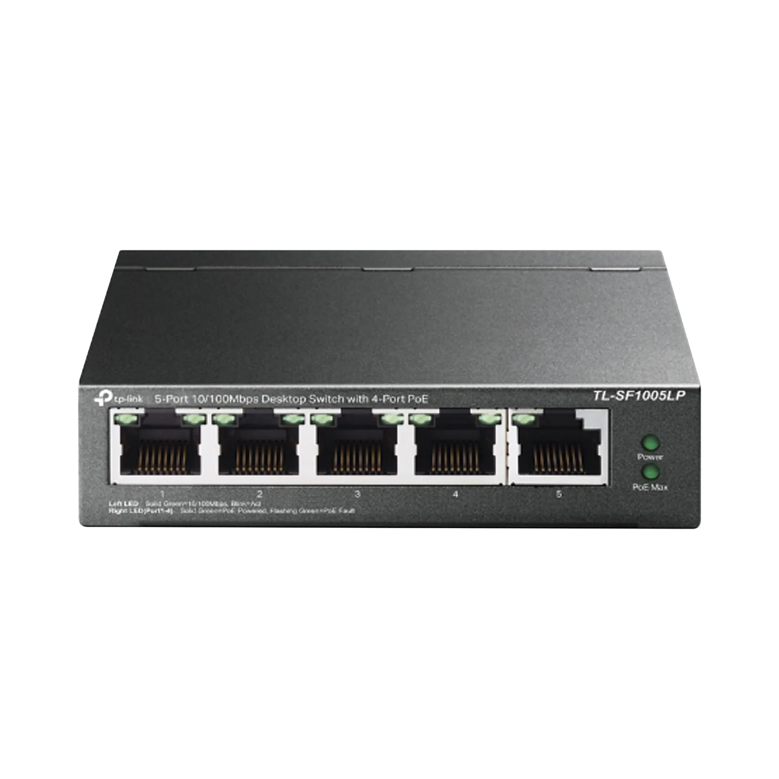 Switch PoE No Administrable de Escritorio / 5 puertos 10/100 Mbps / 4 puertos PoE af / Presupuesto 41 W / Modo extensor PoE hasta 250 metros / Calidad video prioritaria