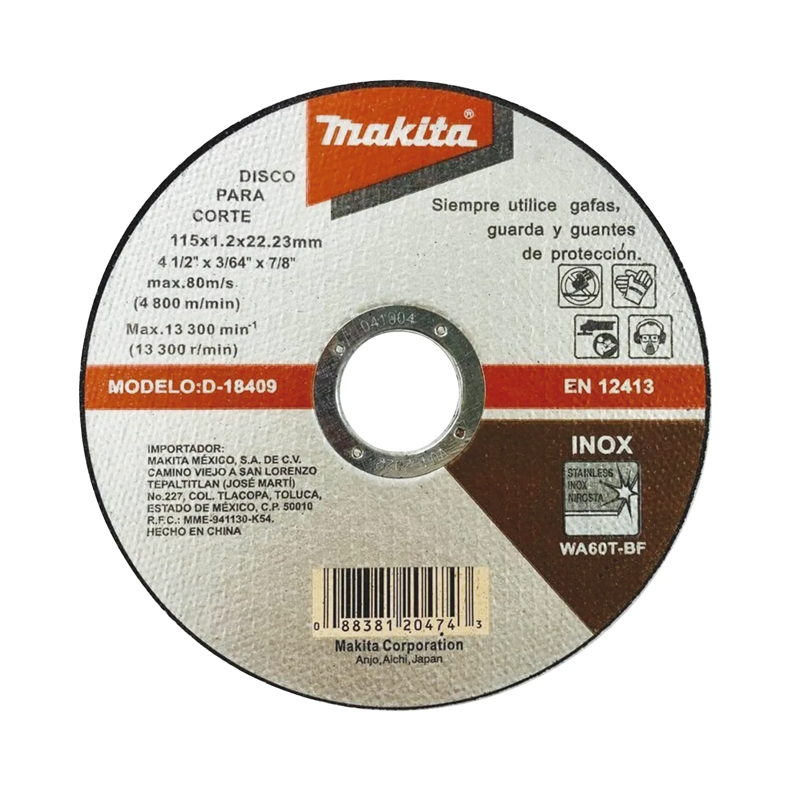Disco de Corte de 7/8" de acero inoxidable, diámetro de 4-1/2"