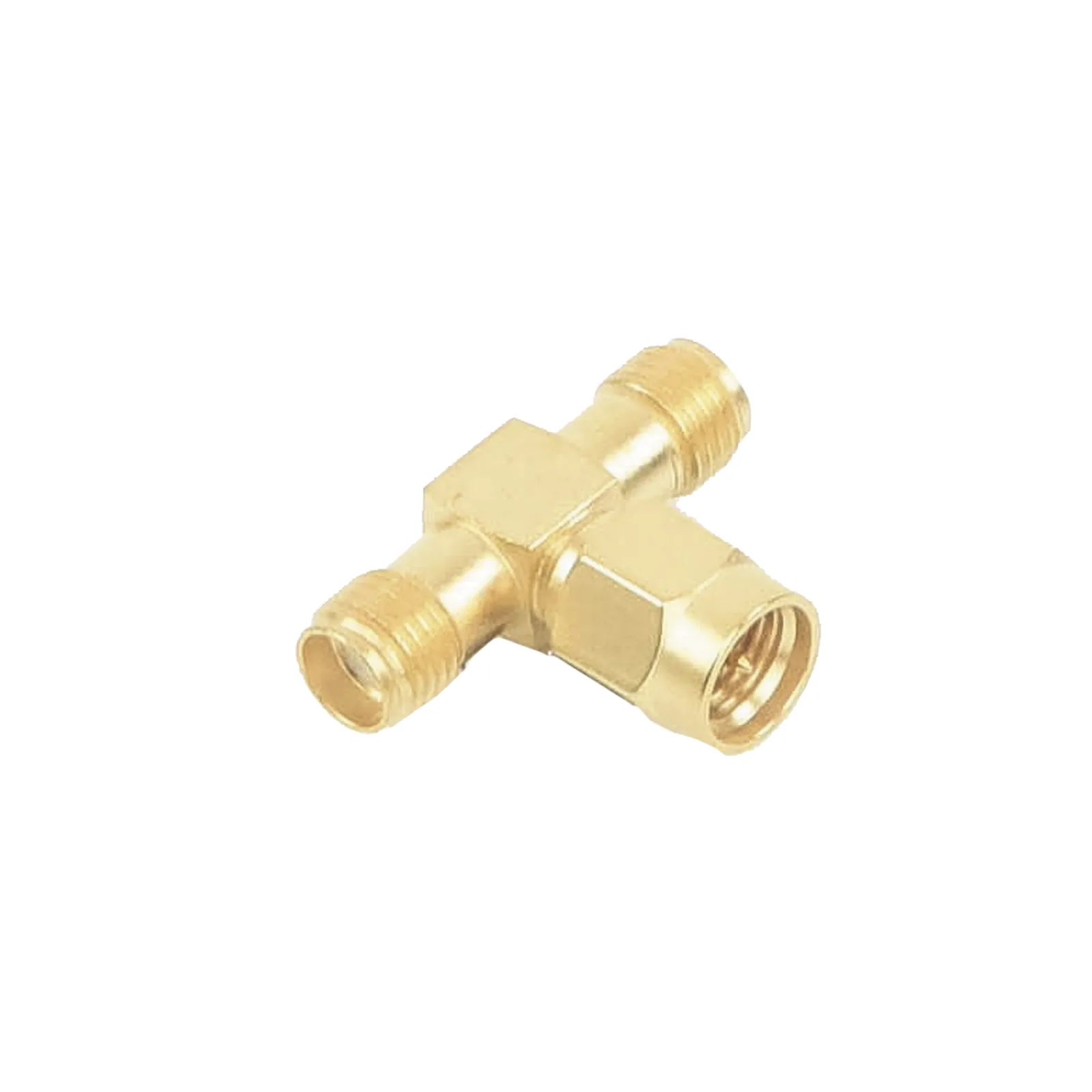 Adaptador en T, de Conector SMA Macho a Doble SMA Hembras, Oro/ Oro/ Teflón.
