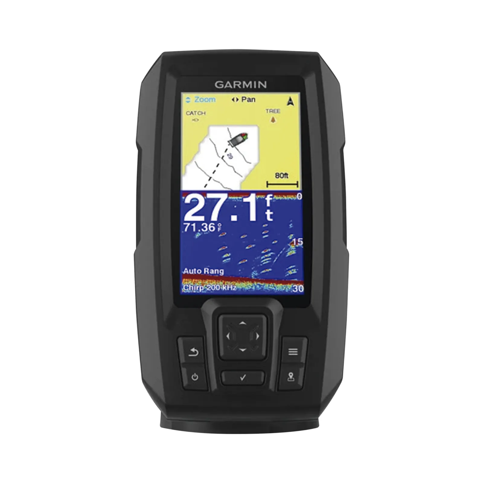 Fishfinder STRIKER™ Plus 4 con GPS Integrado / Pantalla QSVGA 272 x 480 píxeles / Frecuencias 50-200 kHz / Potencia 200 W RMS / Tecnología de Ganancia Automática / Sensor de Temperatura / Resistencia al Agua IPX7