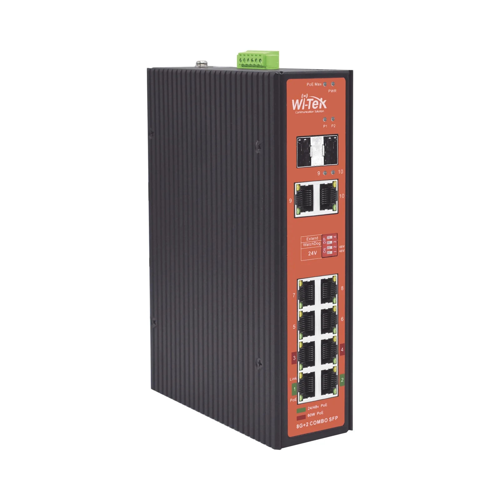 Switch PoE Industrial No administrable / Puertos 1-2 PoE 802.3 af/at y PoE 24 Vcc Pasivo 30W / Puertos 3-4 PoE 802.3 af/at/bt Hasta 60W / Puertos 5-8 PoE 802.3 af/at Hasta 30W / Los 8 puertos son Gigabit + 2 SFP combo / Presupuesto 300W