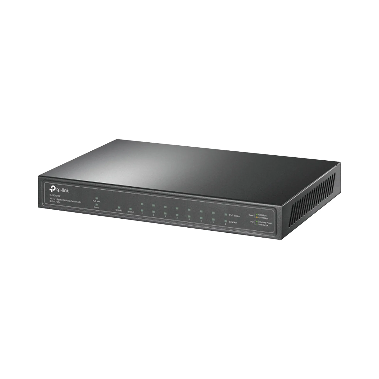 Switch de escritorio PoE+, no Administrable 8 puertos 10/100/1000 Mbps + 1 puertos 10/100/1000 Mbps (Uplink) + 1 puerto SFP, 63W