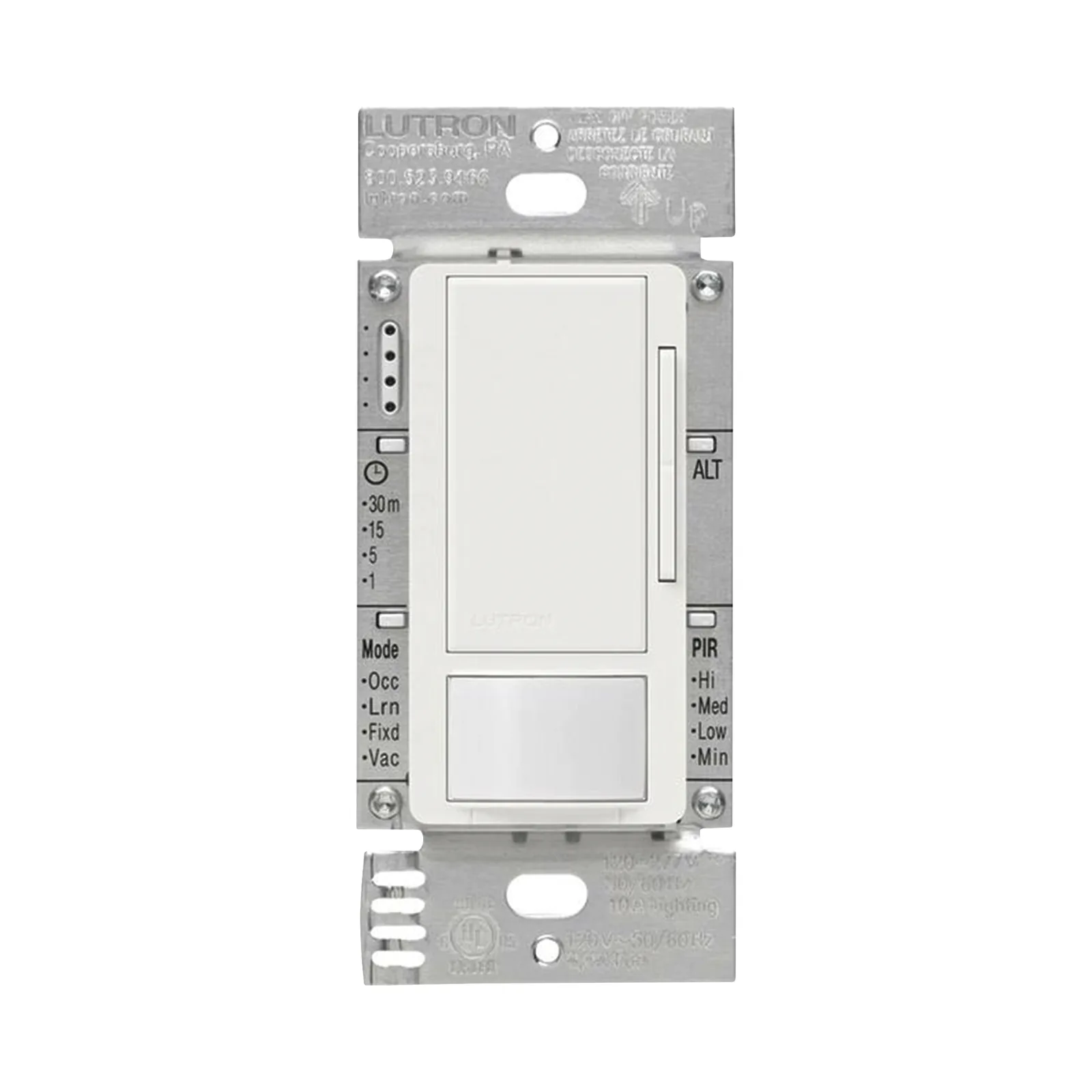 Atenuador 0-10 V con sensor de presencia Maestro para balastros electrónicos y drivers LED, 120-277 V, 8 A, tecnología XCT, unipolar o 3 vías, color blanco