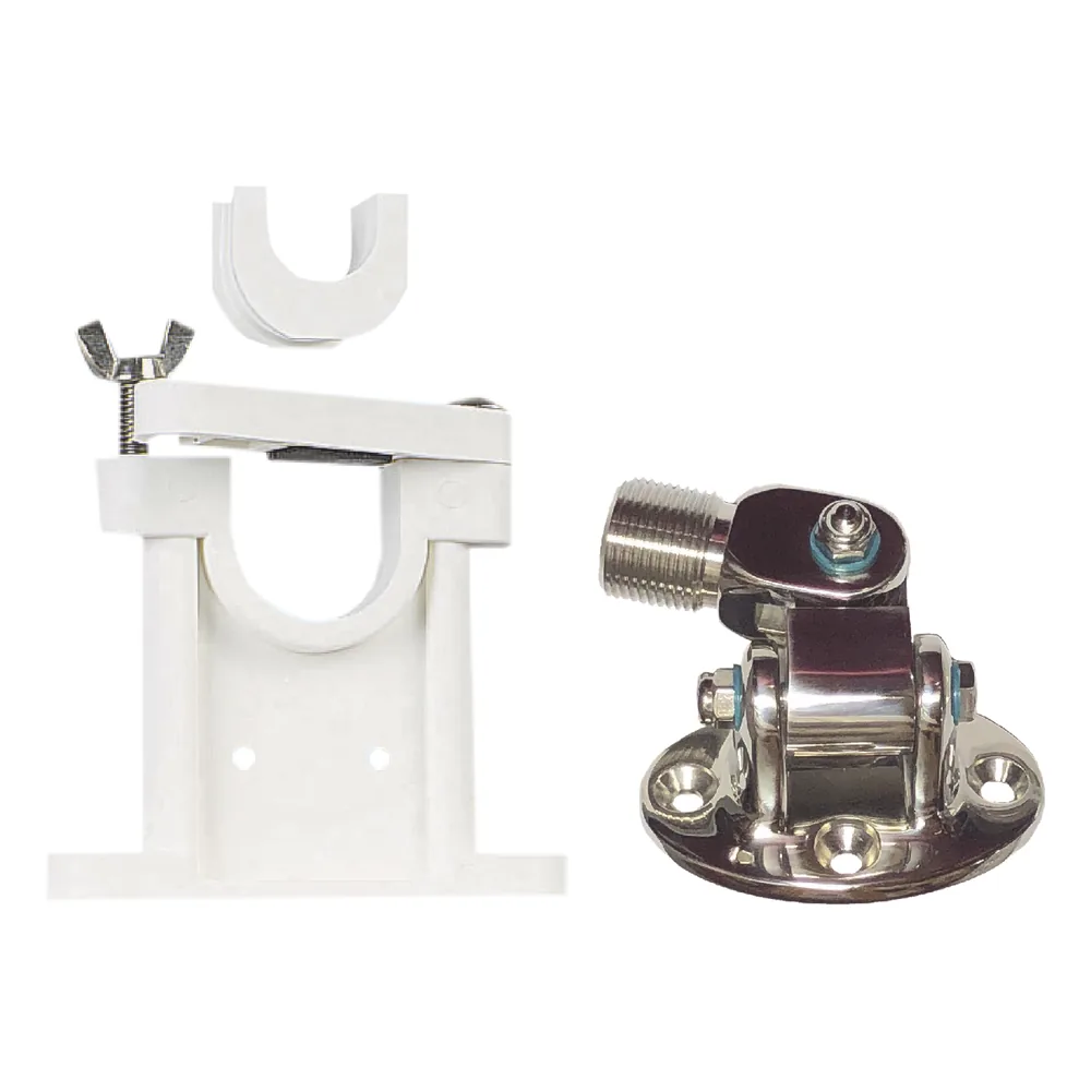 Kit de montaje de acero inoxidable ajustable con soporte para antenas de 1" ó 1 1/2" de Diámetro. Rosca Estándar 1" x 14 Hilos.