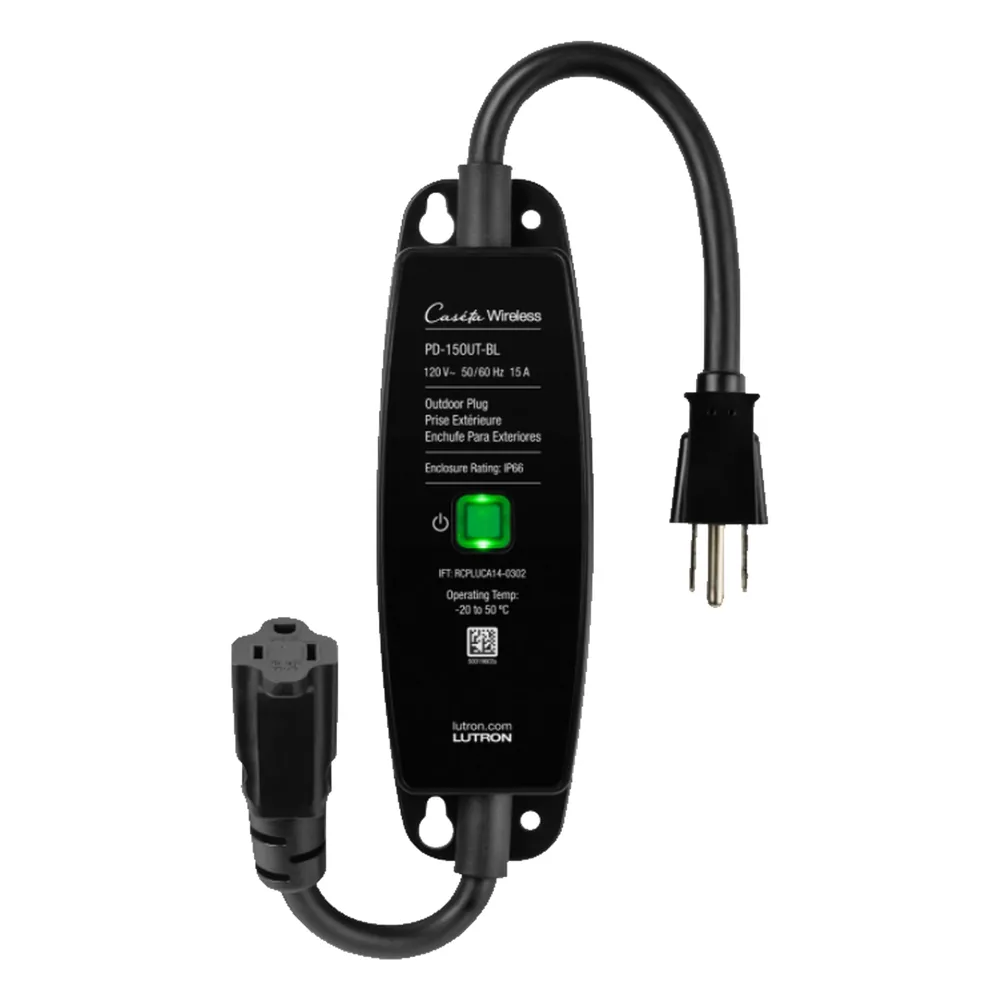 Enchufe inteligente para exteriores de 120 V y 15 A para iluminación y motores de 1/2 HP, con control Pico directo o app y geovallado mediante Smart Bridge, Caseta Wireless
