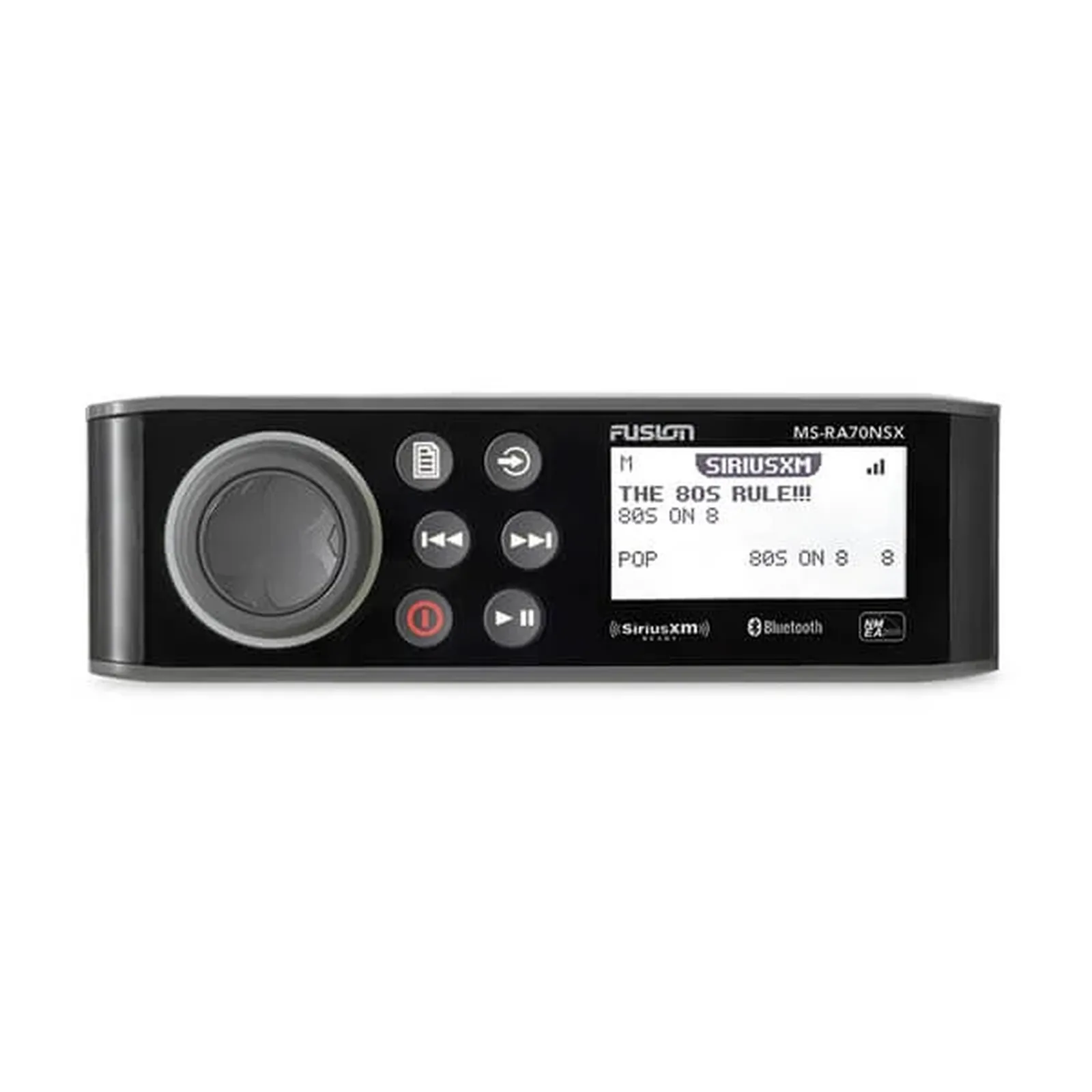 Sistema de Audio Marino MS-RA70 / Pantalla LCD Monocroma 2.6" / Tecnología Multi-Zone™️ 2 Zonas / Potencia Pico 200 W / Bluetooth® y ANT® / Compatible con SiriusXM y DAB+ / IPX7 / USB para Actualizaciones