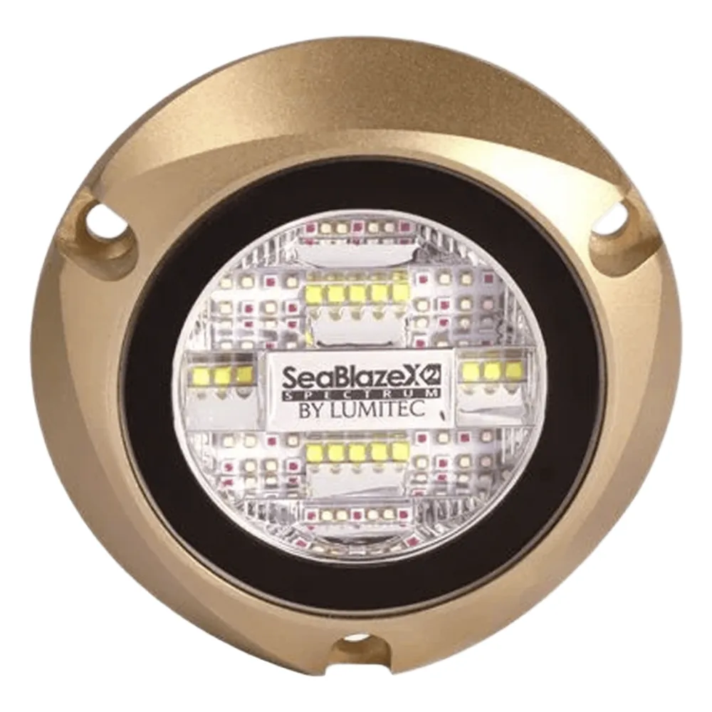 Luz led marina sumergible SeaBlaze X2, emite luz de color blanco y azul de 6000 lúmenes, fabricada en bronce naval con grado de protección IP68.