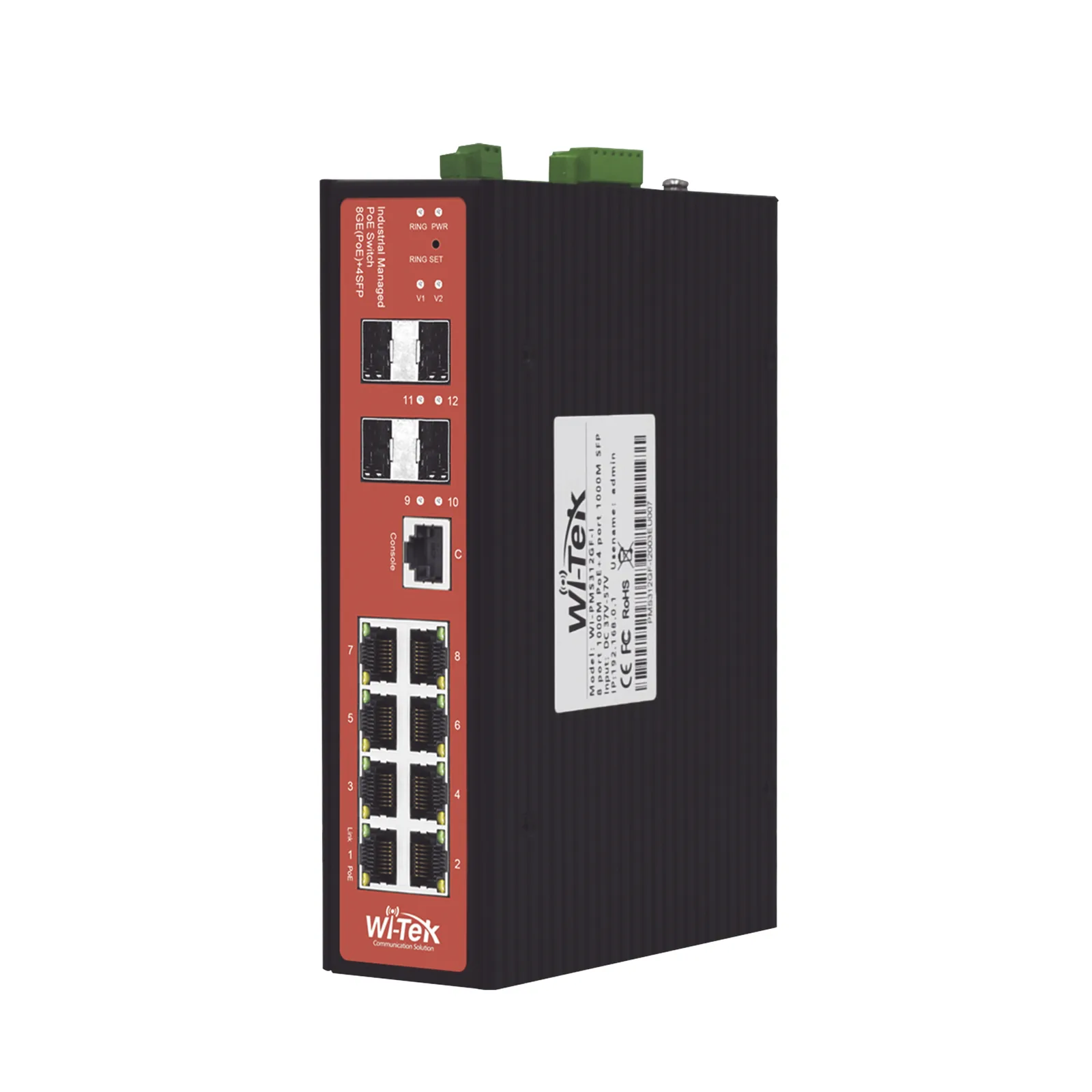 Switch Industrial Administrable / PoE Mixto 24/48V / 8 Puertos Gigabit + 4 SFP / Puertos 3-4 802.3 af/at/bt 60W / Protección 8kV / Riel DIN