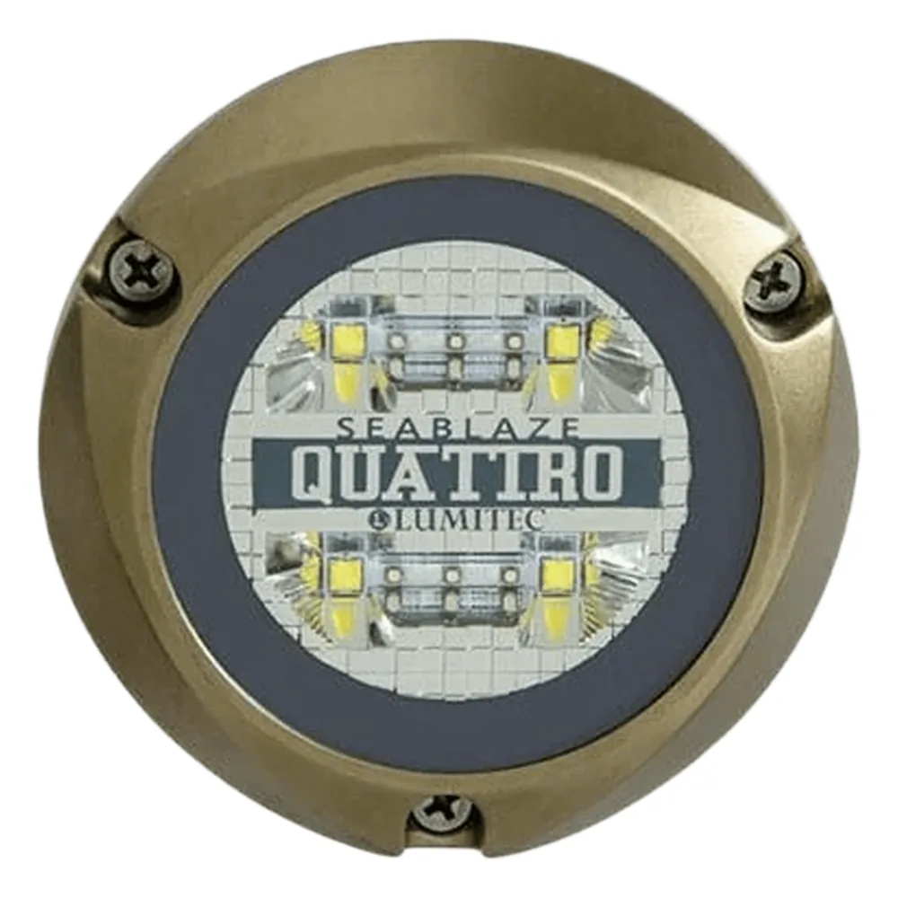 Luz led marina sumergible SeaBlaze Quattro, emite luz de color blanco y azul de 2000 lúmenes, fabricada en bronce naval con grado de protección IP68.