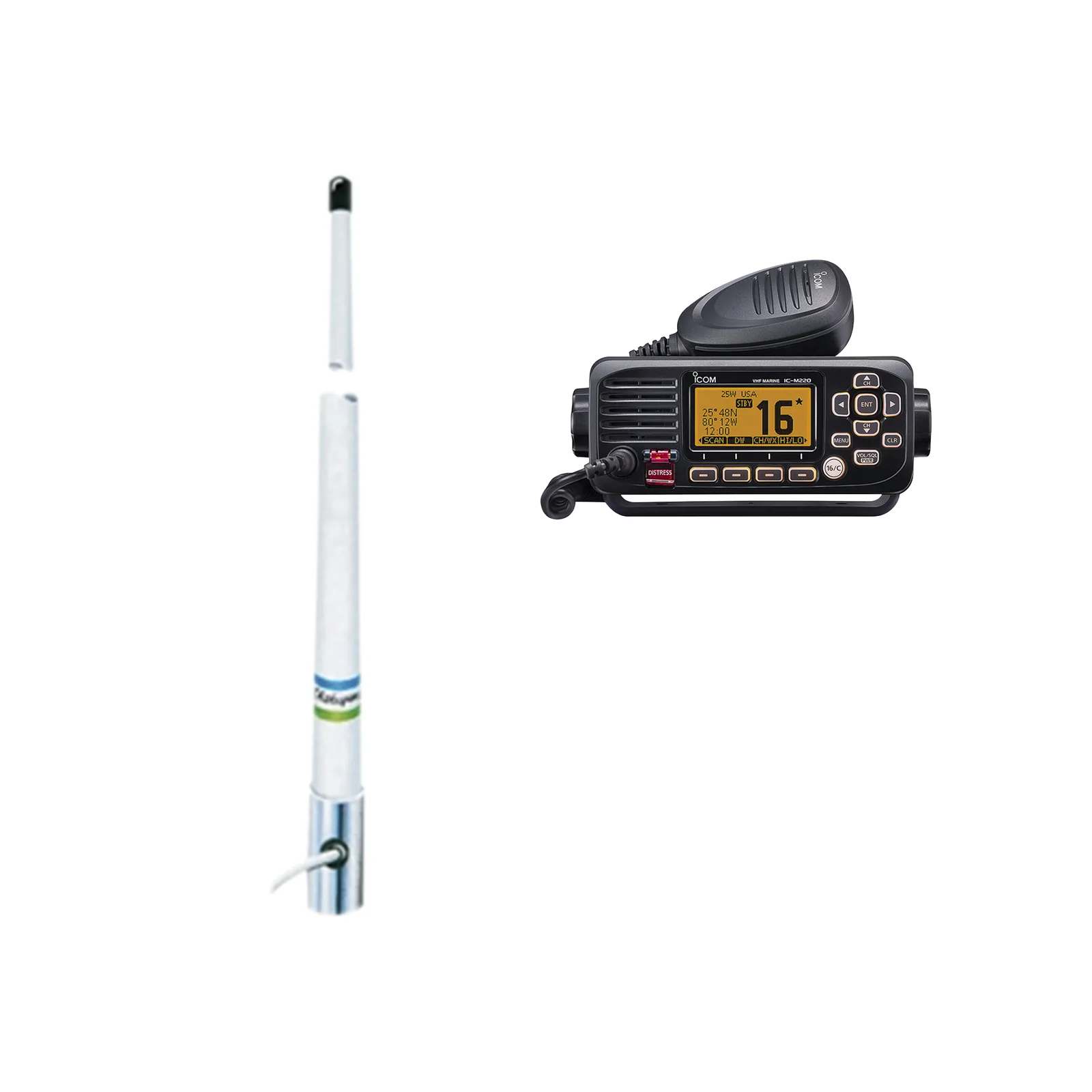 Kit de radio móvil VHF marino modelo IC-M220/13 y antena marina Shakespeare en fibra de vidrio 5101