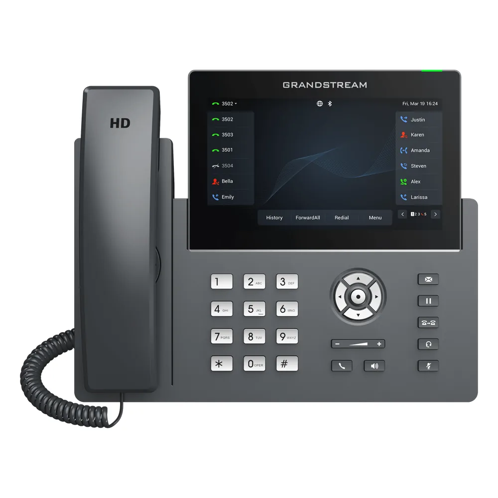 Teléfono IP Wi-Fi, Grado Operador, 12 líneas SIP con 6 cuentas, pantalla táctil 7", puertos Gigabit, Bluetooth, PoE, codec Opus, IPV4/IPV6 con gestión en la nube GDMS