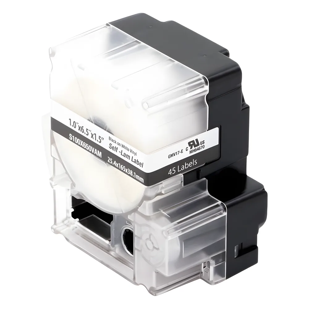 Casete de 45 Etiquetas Autolaminadas de 25.4 x 165.1 mm (1 x 6.5 pulgadas), para Cables de 4 a 8.1 mm (0.16 a 0.32 pulgadas) de Diámetro, Área de Impresión Color Blanco