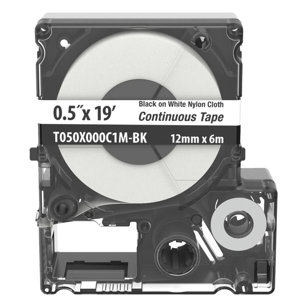 Casete de Etiquetas de Nylon de Cinta Continua, Color Negro Sobre Blanco, Uso Interior/Exterior, 12 (0.5 Pulgadas) mm de Ancho x 6 Metros (19.69 Pies) de Largo